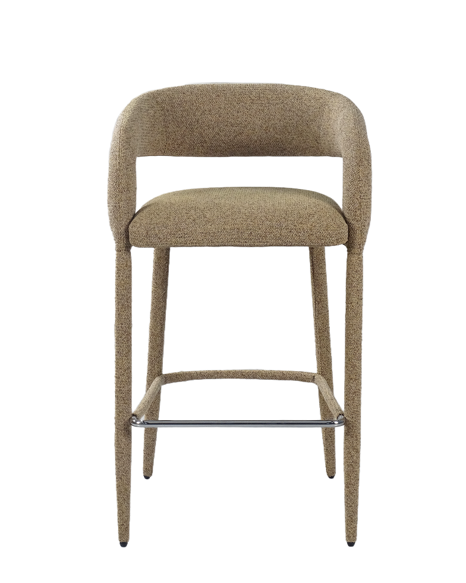 Seamless sculptural back upholstered bar stool with soft fabric finish and metal footrest