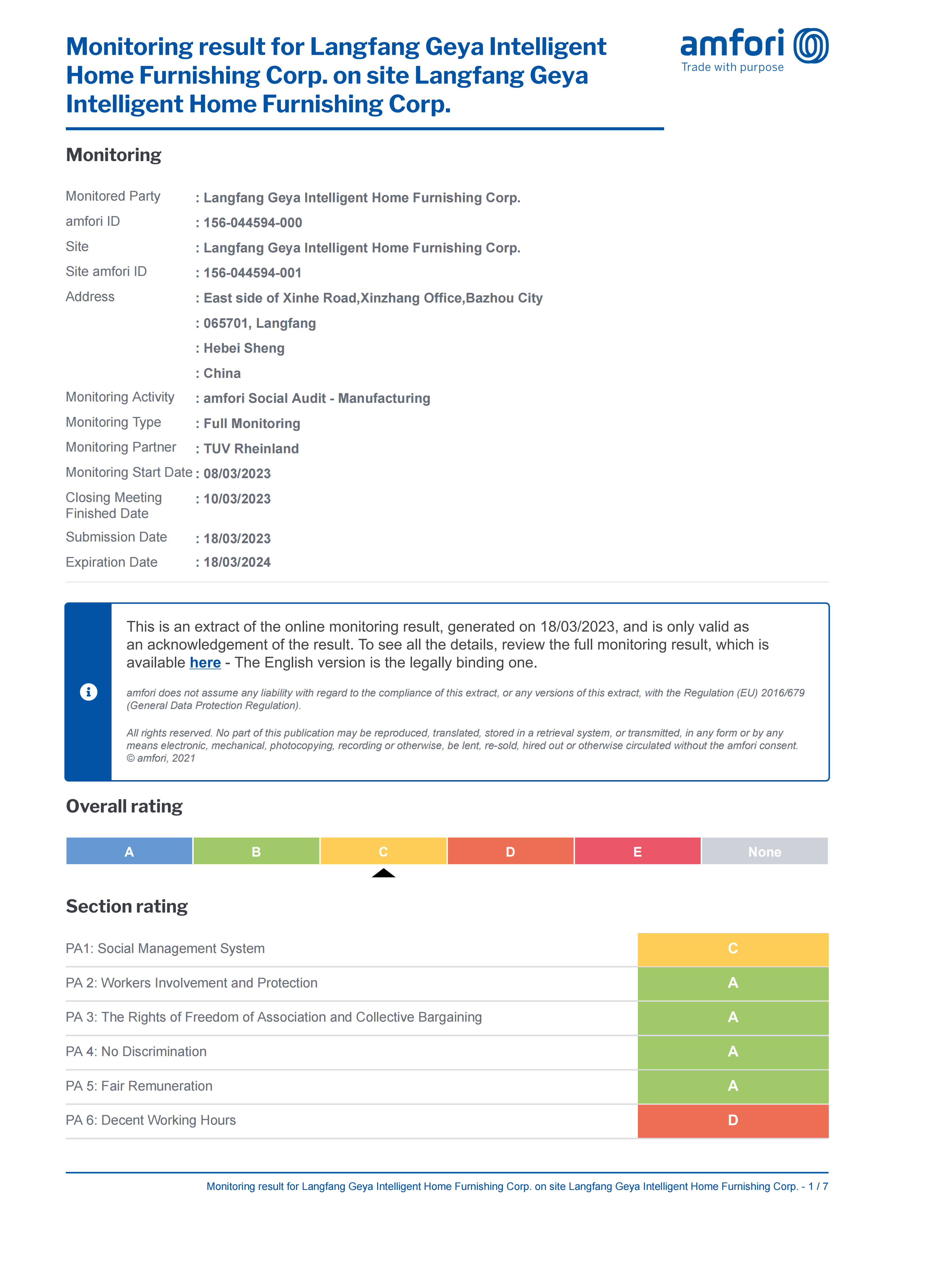 amfori BSCI social compliance monitoring report for GEYA furniture manufacturing facility