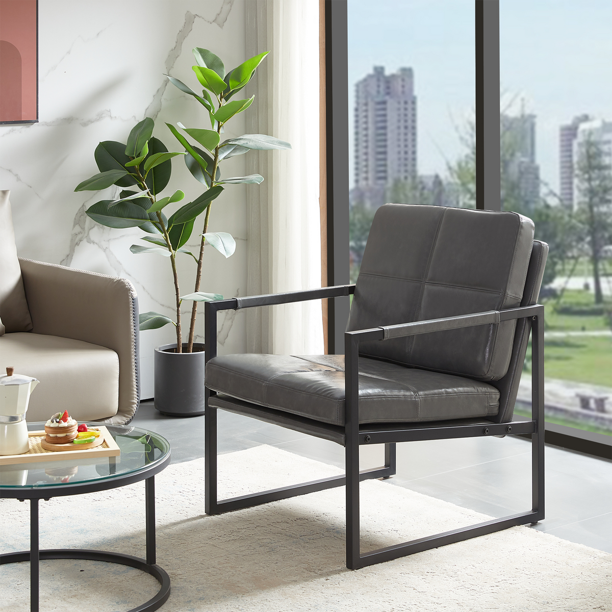 Architectural leisure chair positioned in an open concept sunlit lounge area in brown RC-05