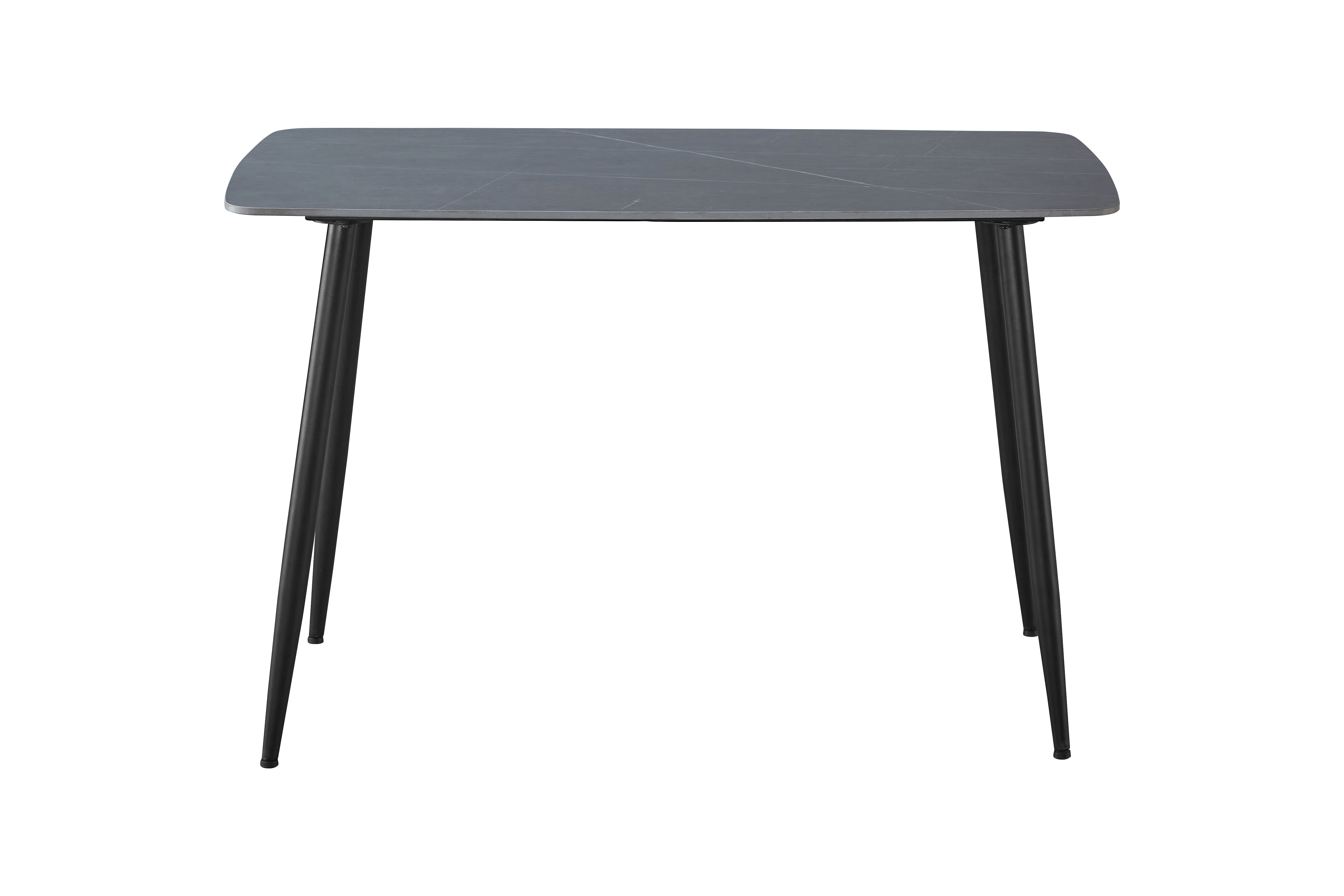 T-107 Tapered Splayed-Leg Sintered Stone Dining Table Front View — Armani Grey Mid-Tone Sintered Stone Top, R60 Bevelled Corners — GEYA Seating