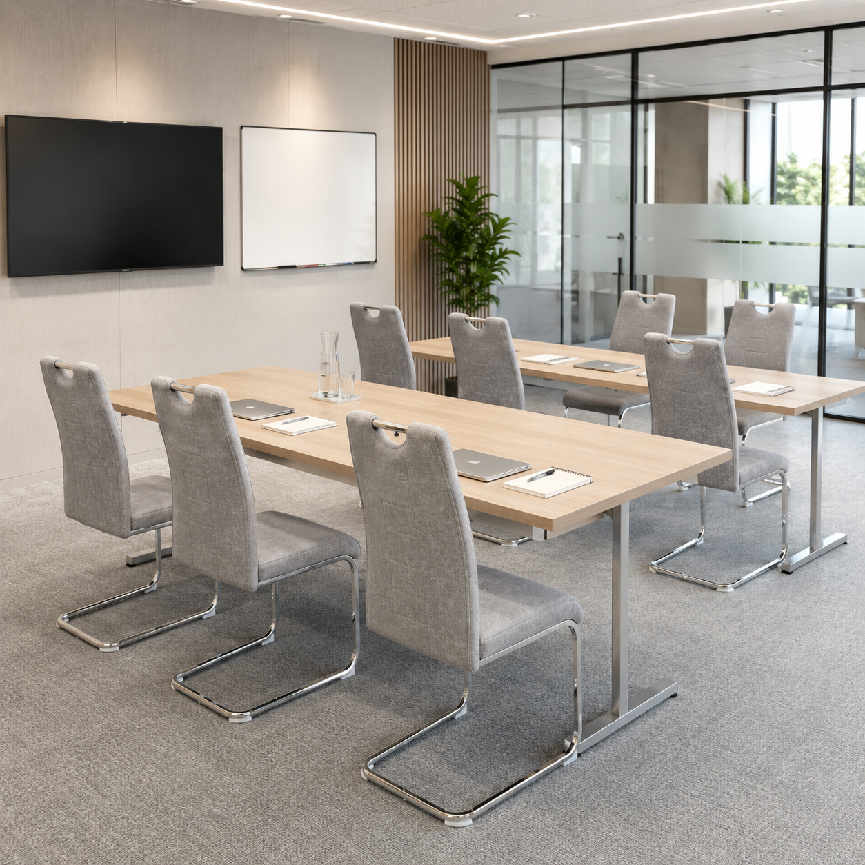 linen-look cantilever meeting chairs arranged in continuous rows across dual conference tables in corporate meeting room — DC-3028