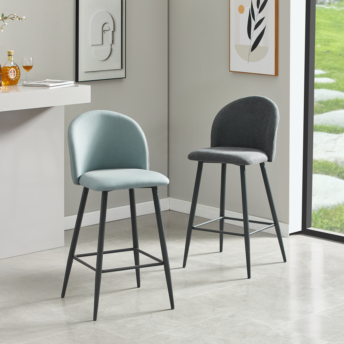 Curved-back bar stools in Slate Blue and Charcoal Grey arranged beside a modern bar counter BC-50-750