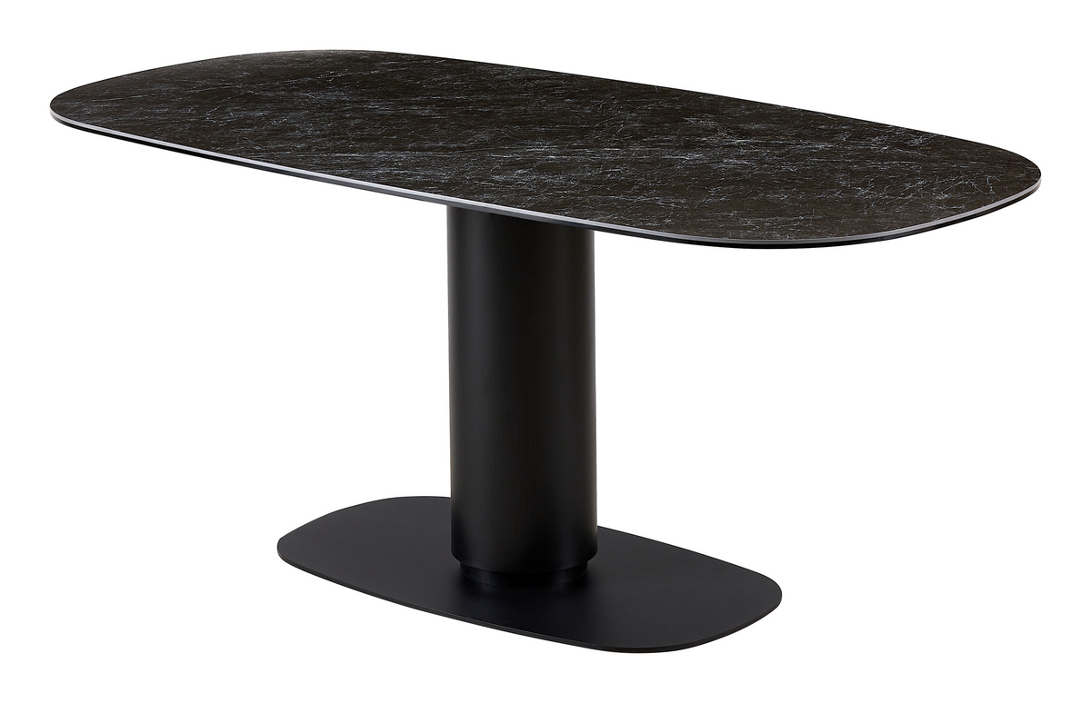 Sintered stone dining table in dark grey with matte black pedestal shown in three-quarter view, T-99