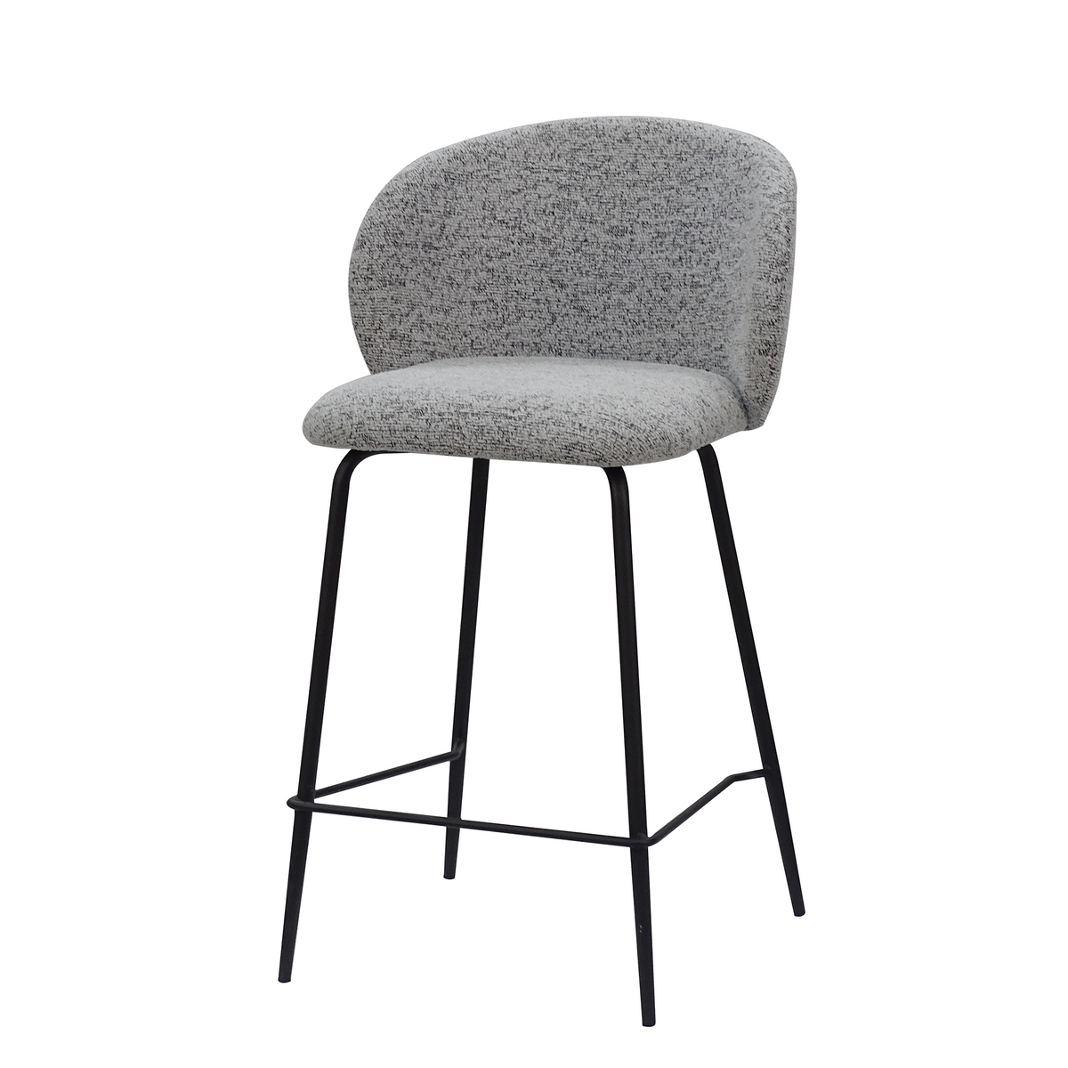 Bouclé bar stool in light grey with a rounded seat above a black four-leg frame and front footrest, BC-107