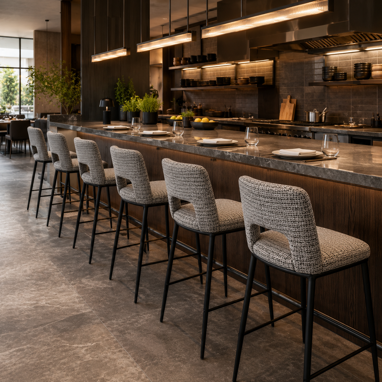 Six ash grey bouclé open-back counter stools along a dark stone restaurant kitchen counter with timber cladding — BC-120