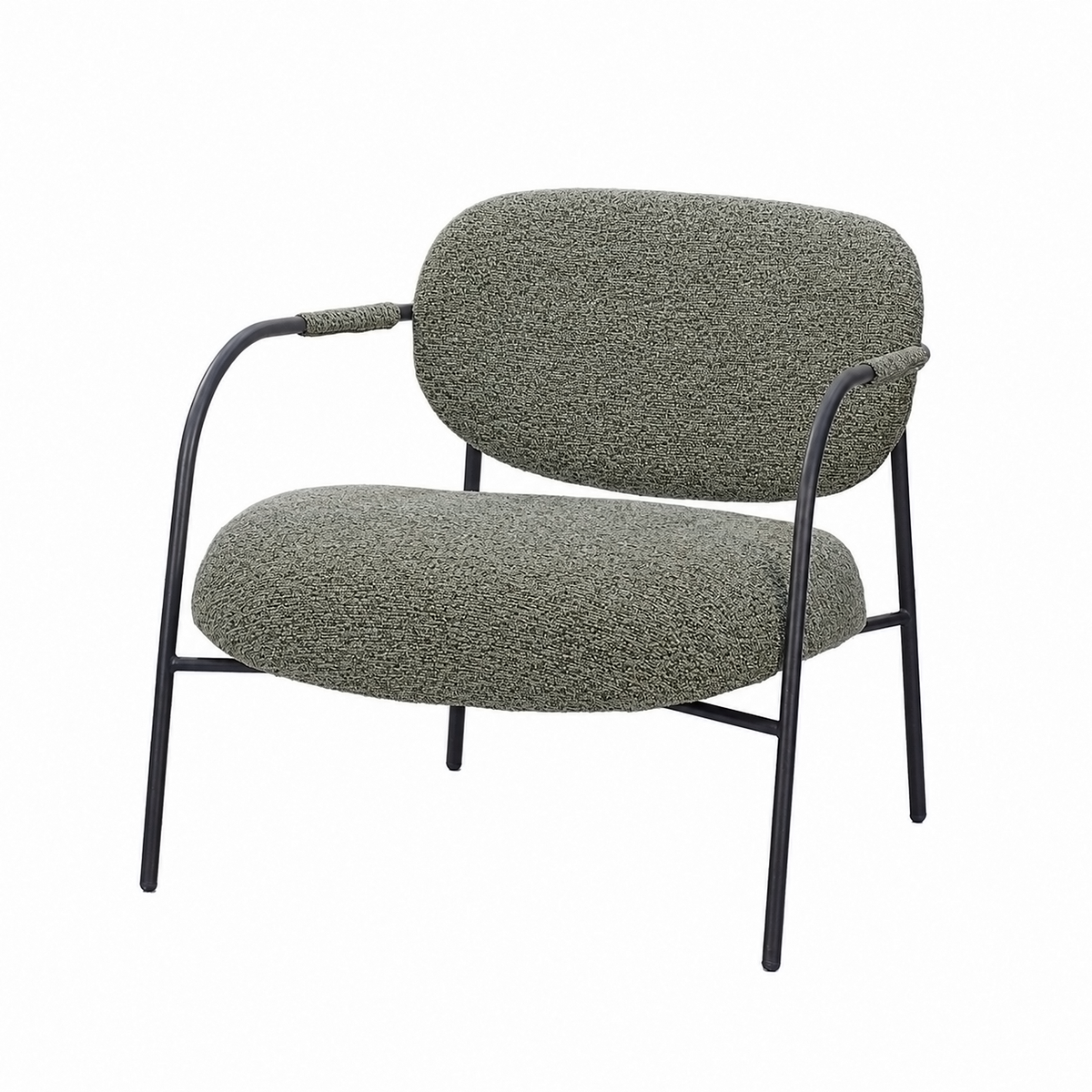 Bouclé lounge armchair with a black metal frame in Olive grey for co-working lounge seating RC-08