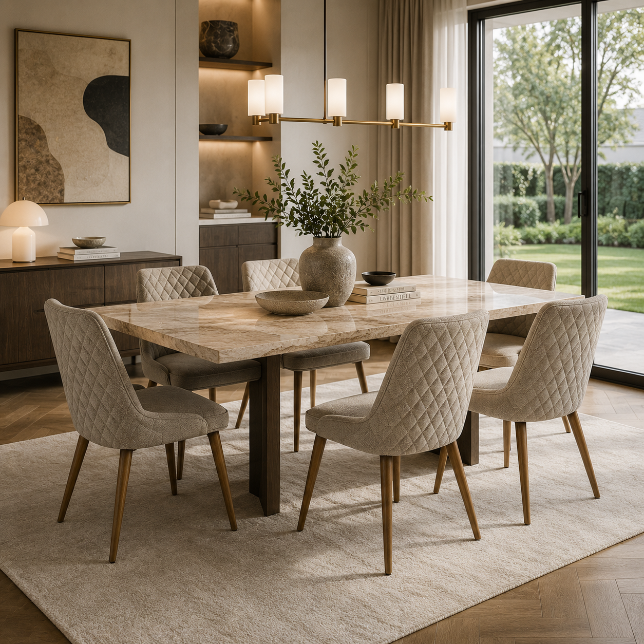 Diamond quilted bouclé dining chair for luxury home dining room with marble table, brass chandelier and garden view — DC-3260
