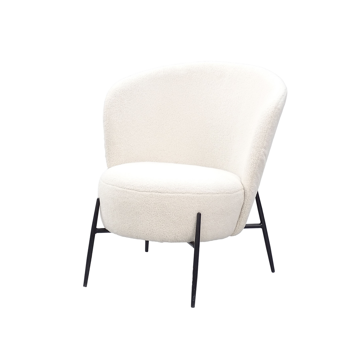 Cream soft bouclé tub lounge chair with fully upholstered wraparound back and armless open silhouette on tapered steel legs RC-07
