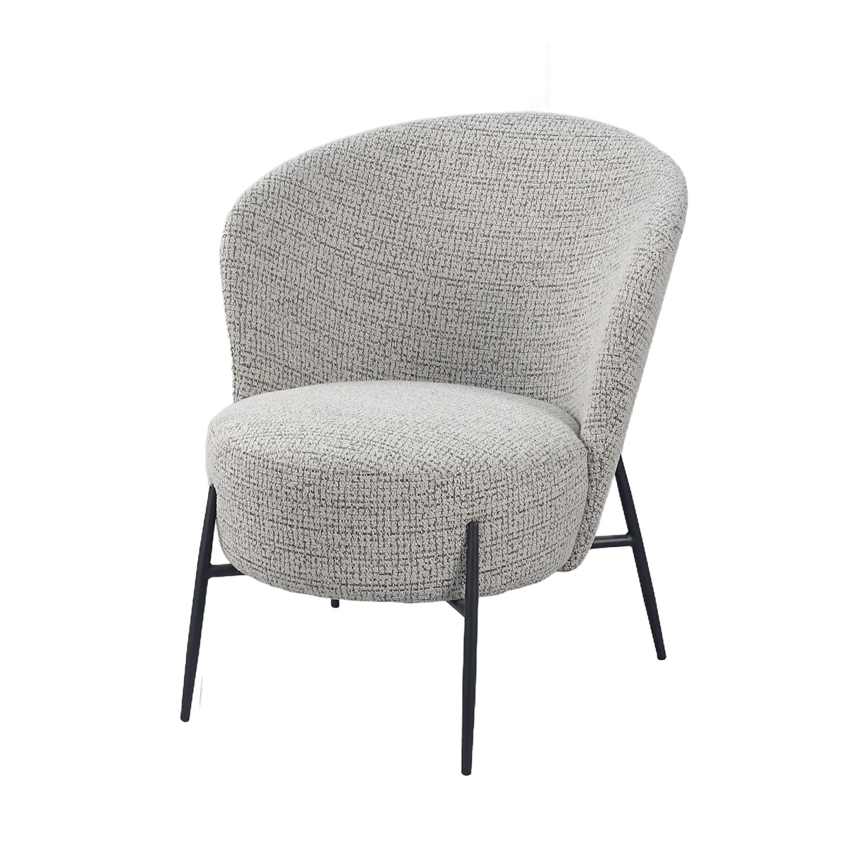 Pebble textured bouclé tub lounge chair with deep rounded seat cushion and slender tapered black steel frame RC-07
