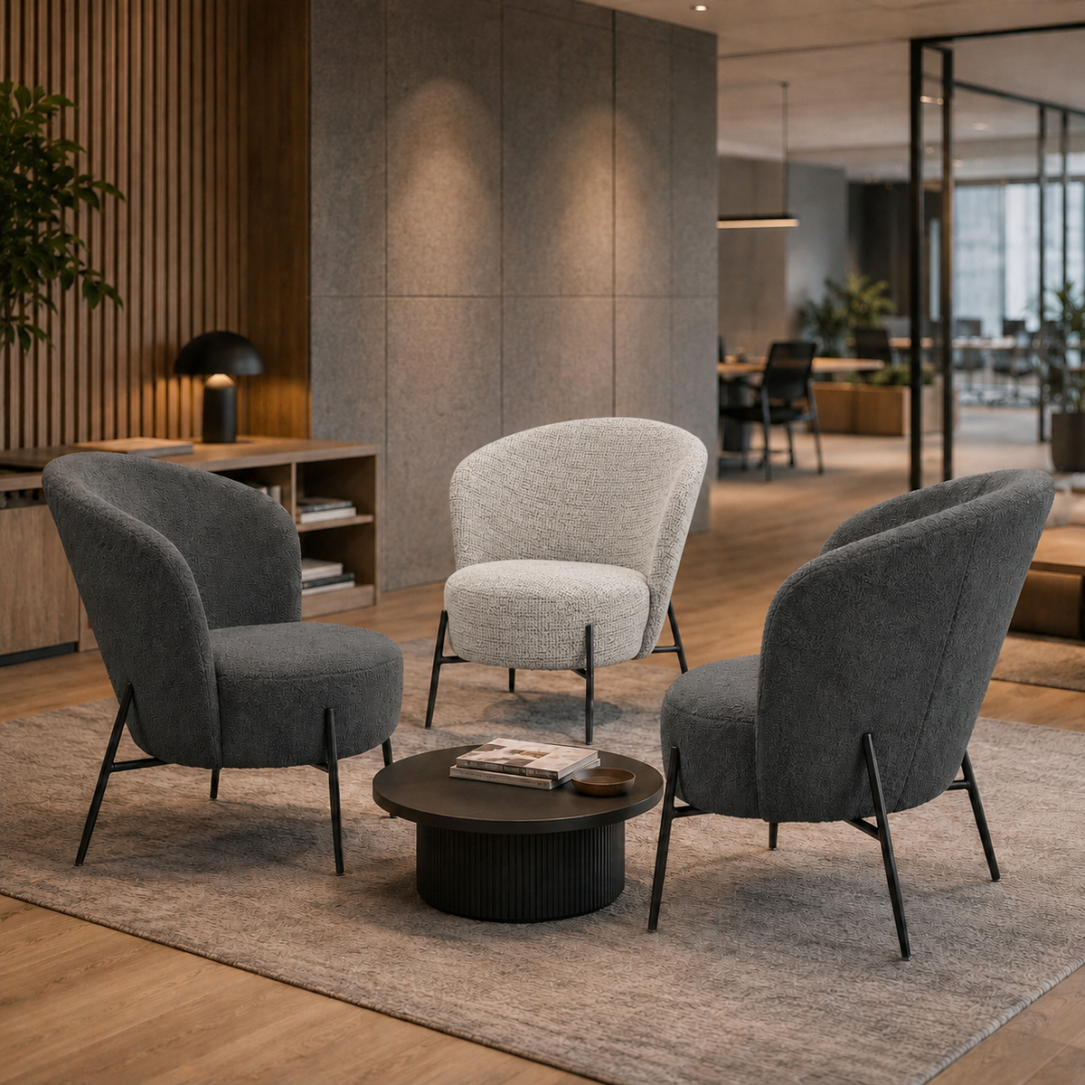 Bouclé tub lounge chairs in a working breakout space with timber slat wall, concrete panel and glazed office partitions RC-07