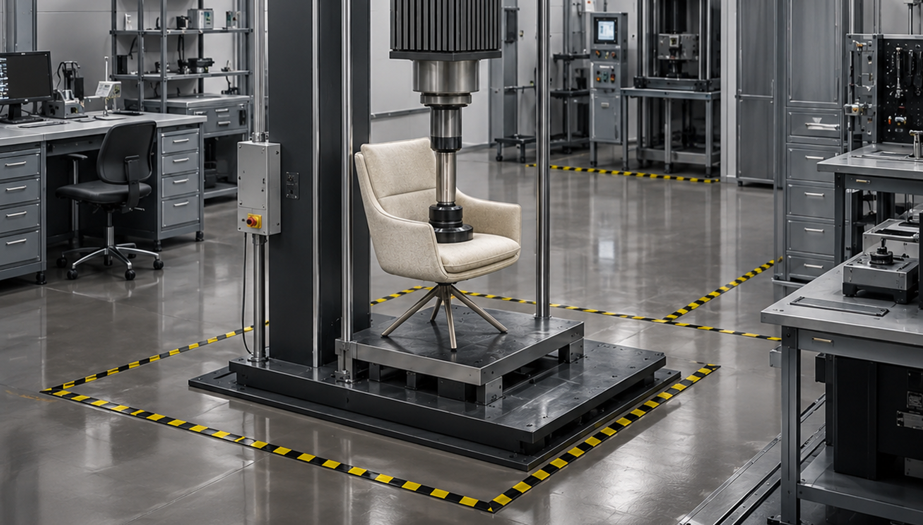 Chair durability testing in a laboratory for daily-use seating reliability and long-term performance