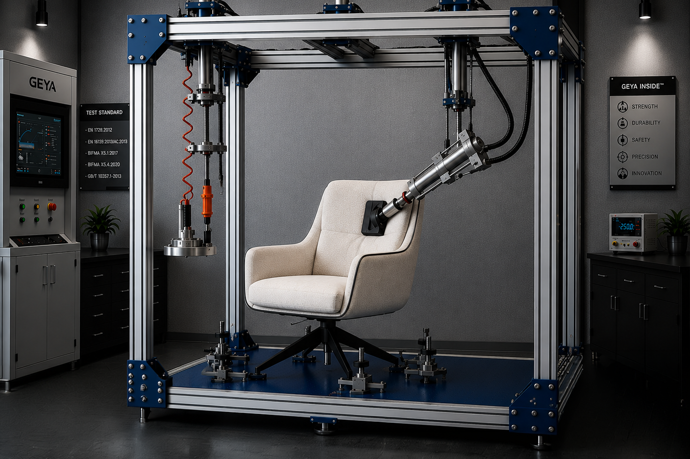 Upholstered chair under GEYA Inside durability validation testing for OEM and ODM seating programs