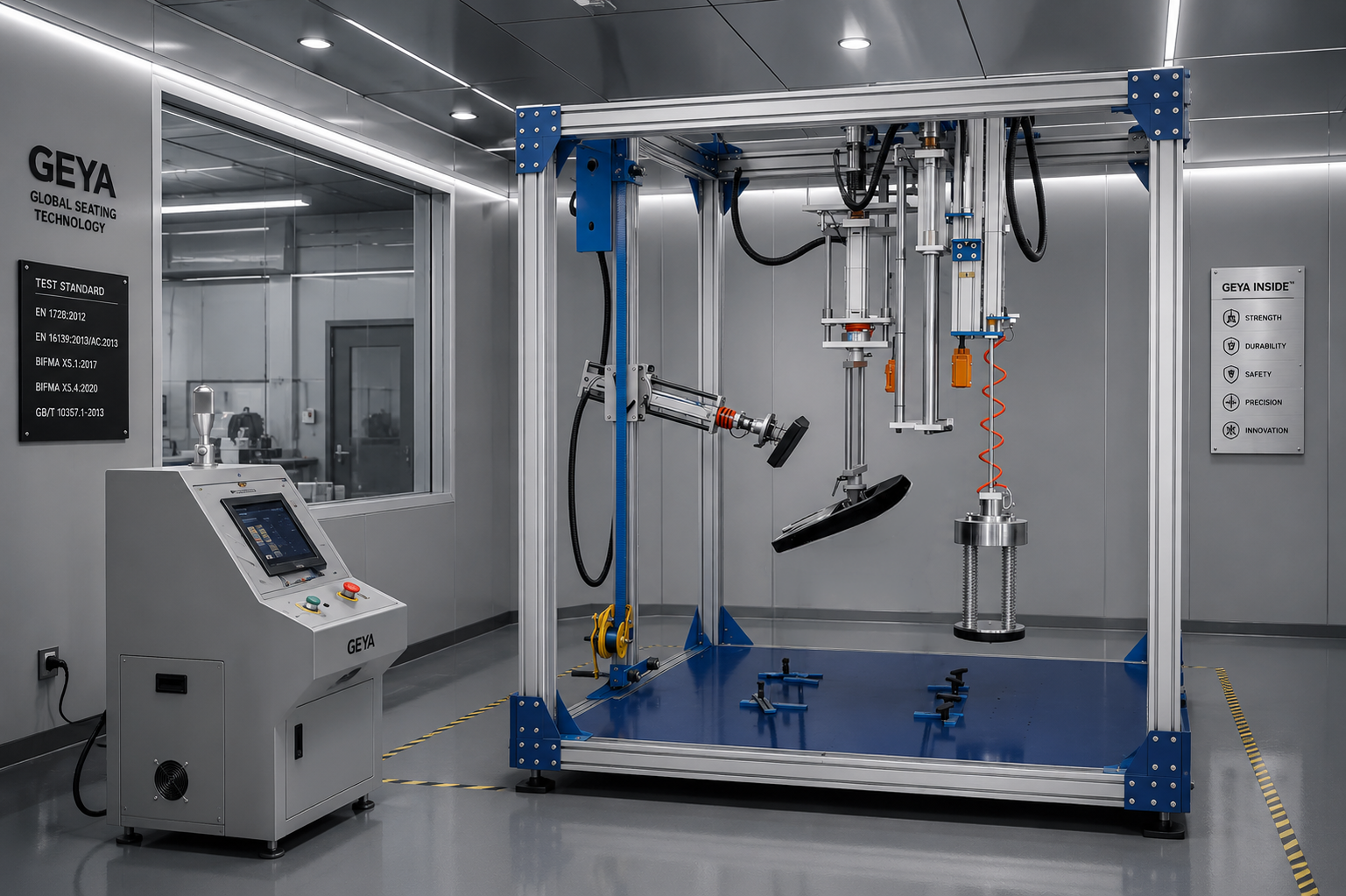 GEYA Inside structural testing lab showing seating durability equipment for chair strength and stability validation