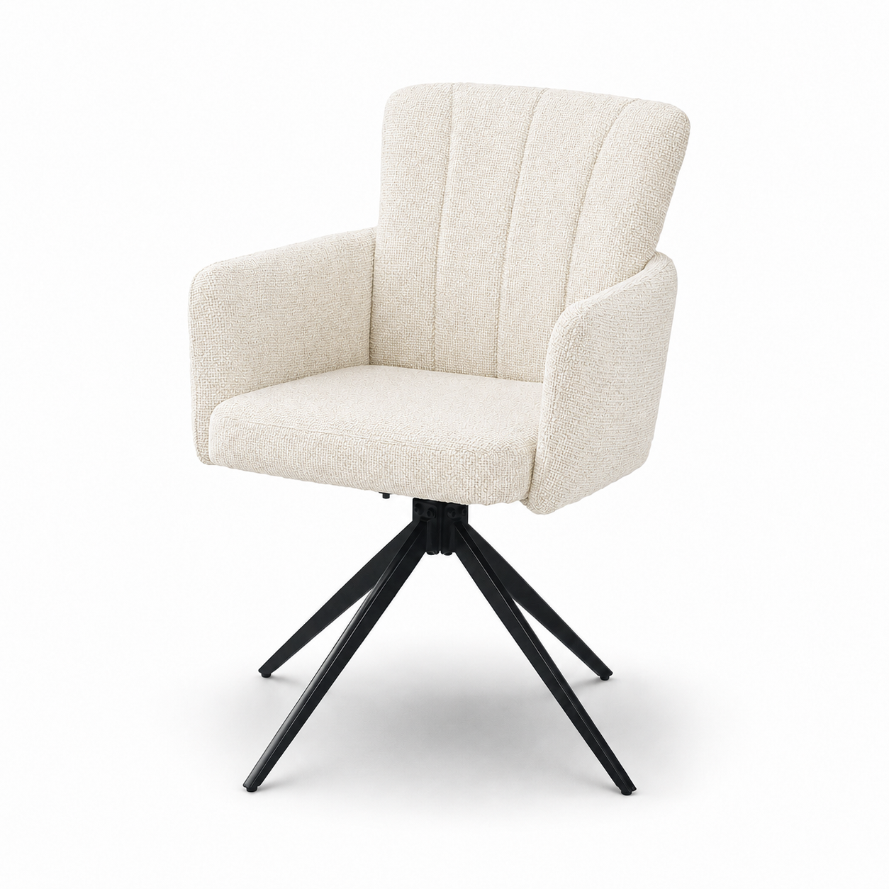 Channel-quilted swivel dining armchair in cream white woven fabric with black four-point swivel base, DC-5071 Cream White by GEYA Seating