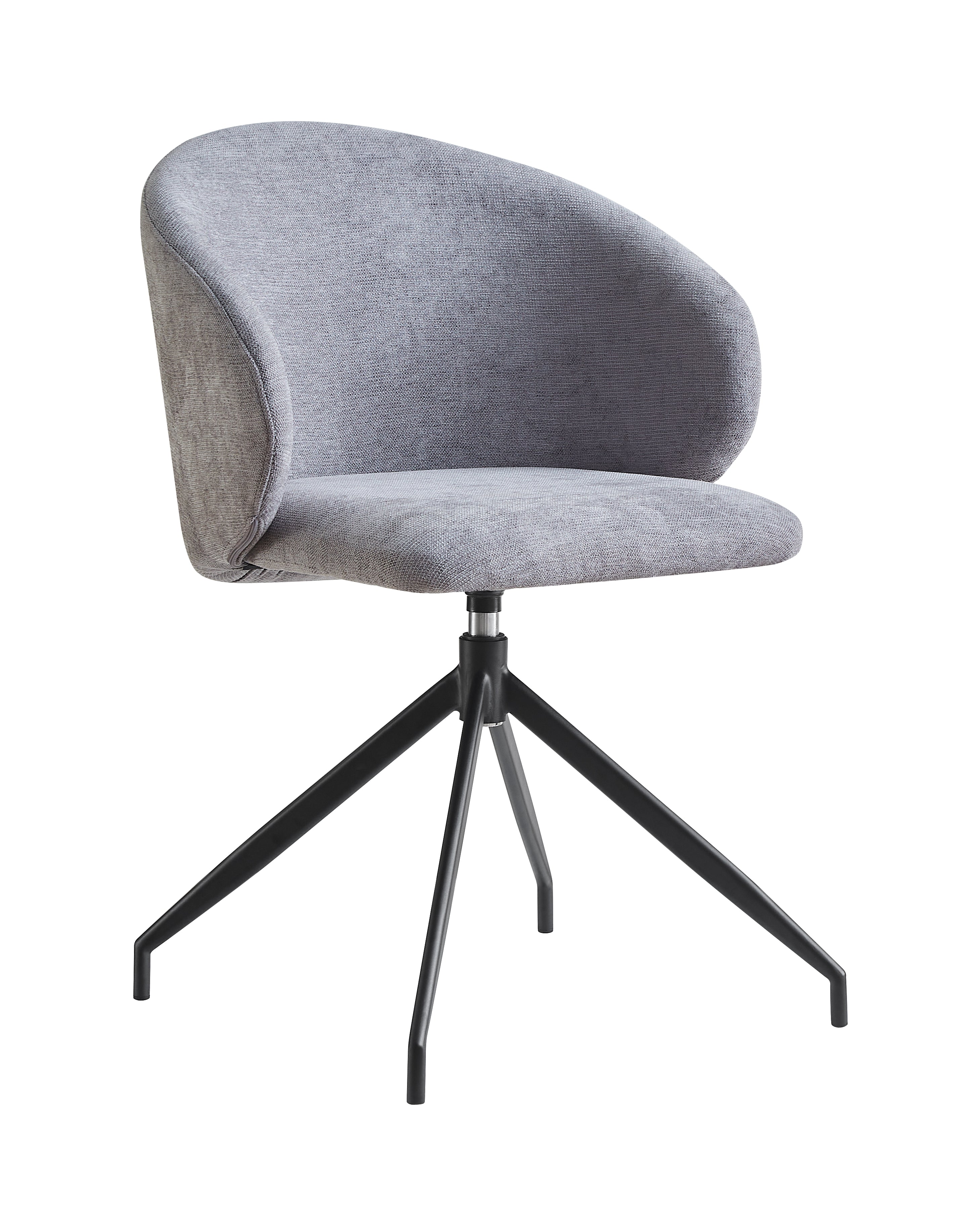Channel-quilted swivel armchair dining chair with curved upholstered back and black metal tripod base