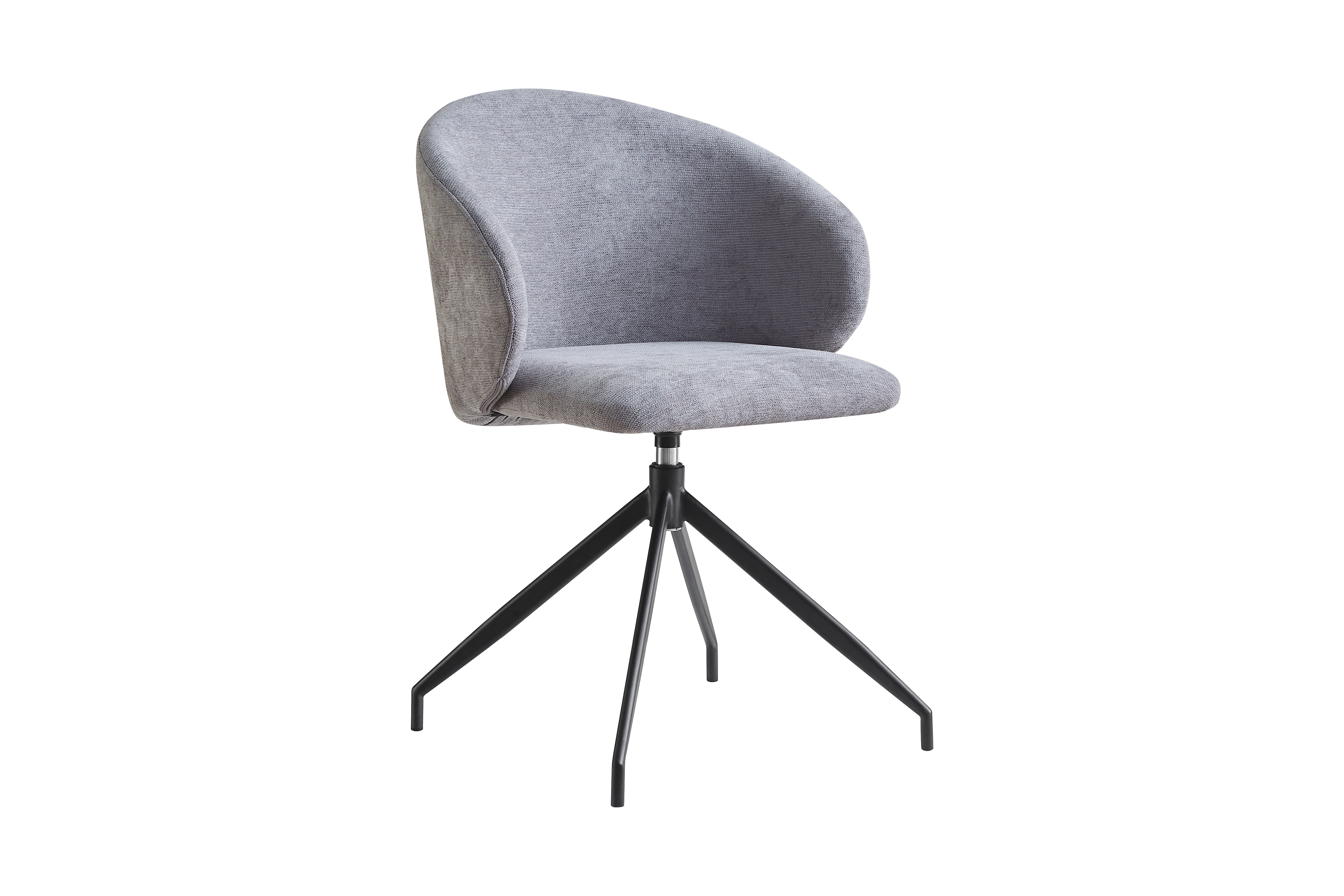 Channel-quilted swivel armchair dining chair with curved upholstered back and black metal tripod base