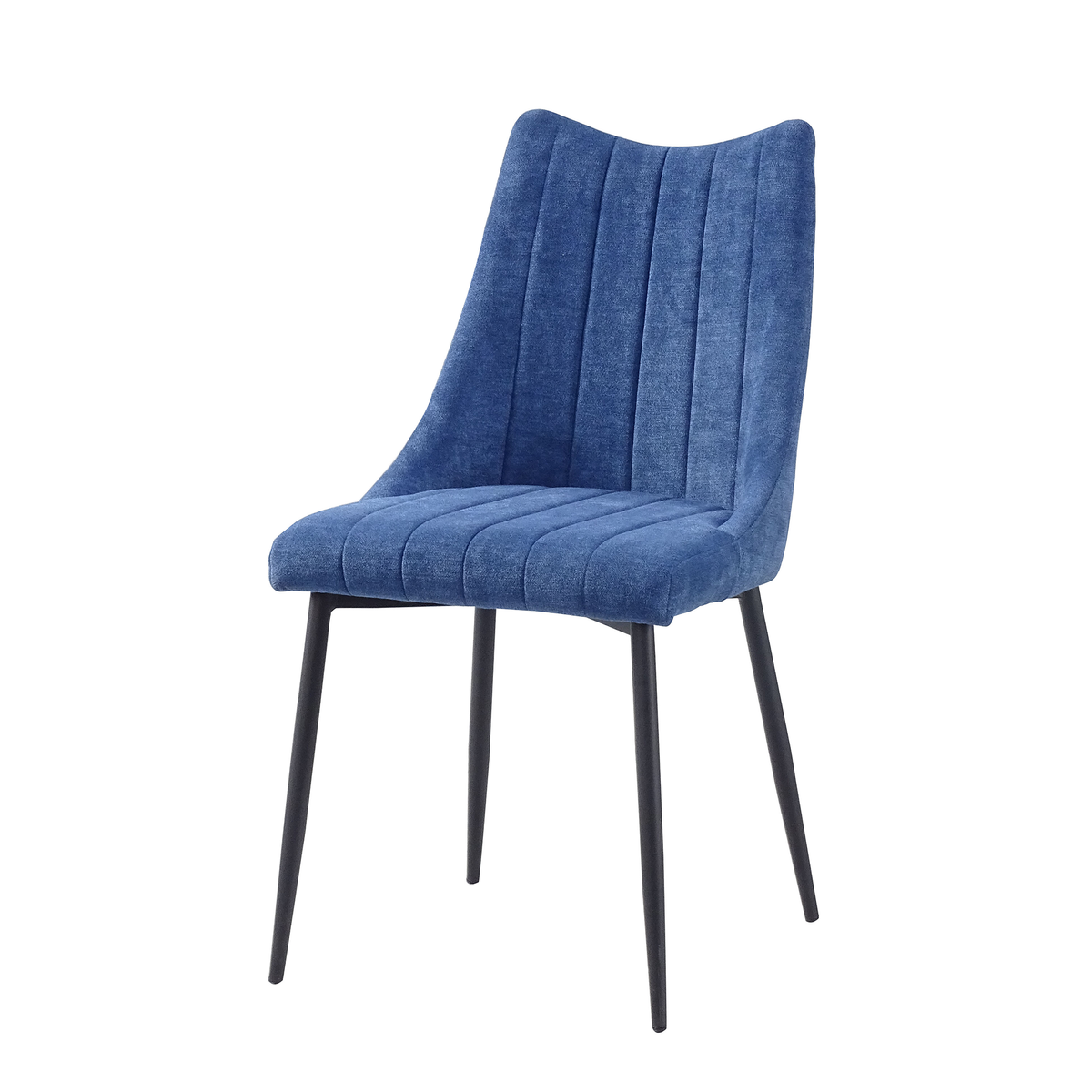 Channel-stitched upholstered dining chair in Denim Blue linen-look fabric with tapered black steel legs, GEYA Seating DC-3065