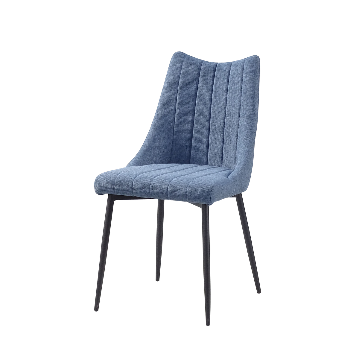 Channel-stitched linen-look dining chair in Powder Blue with raised outer corners and tapered black legs, DC-3065