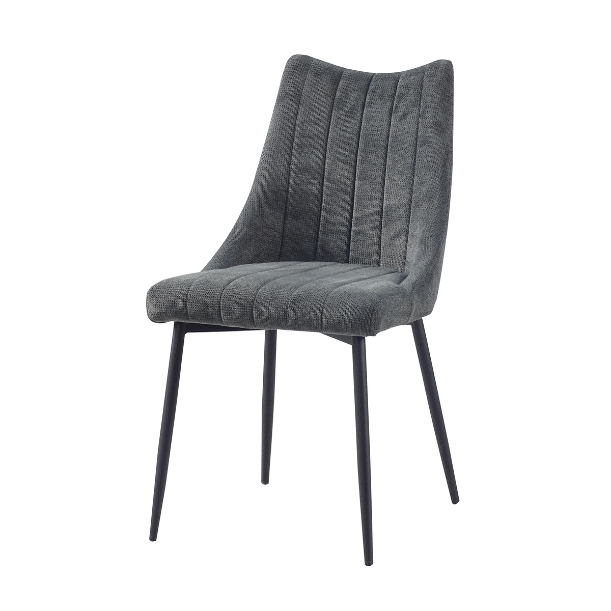 Channel-stitched dining chair in Slate linen-look fabric, tapered round-tube black steel frame, DC-3065