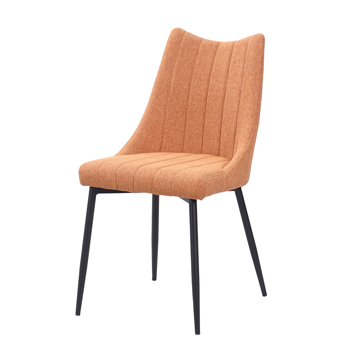 Channel-stitched upholstered dining chair in Terracotta linen-look fabric, smooth outer back, black steel frame, DC-3065