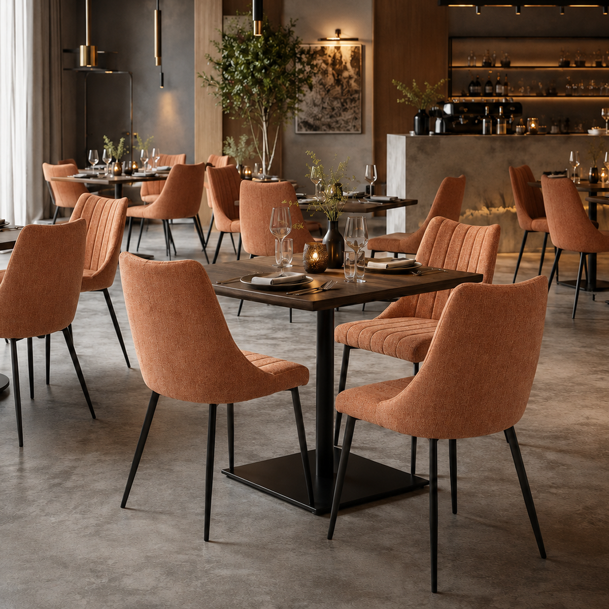 Channel-stitched dining chairs in Terracotta linen-look fabric across a multi-table upscale restaurant layout with concrete floors, DC-3065