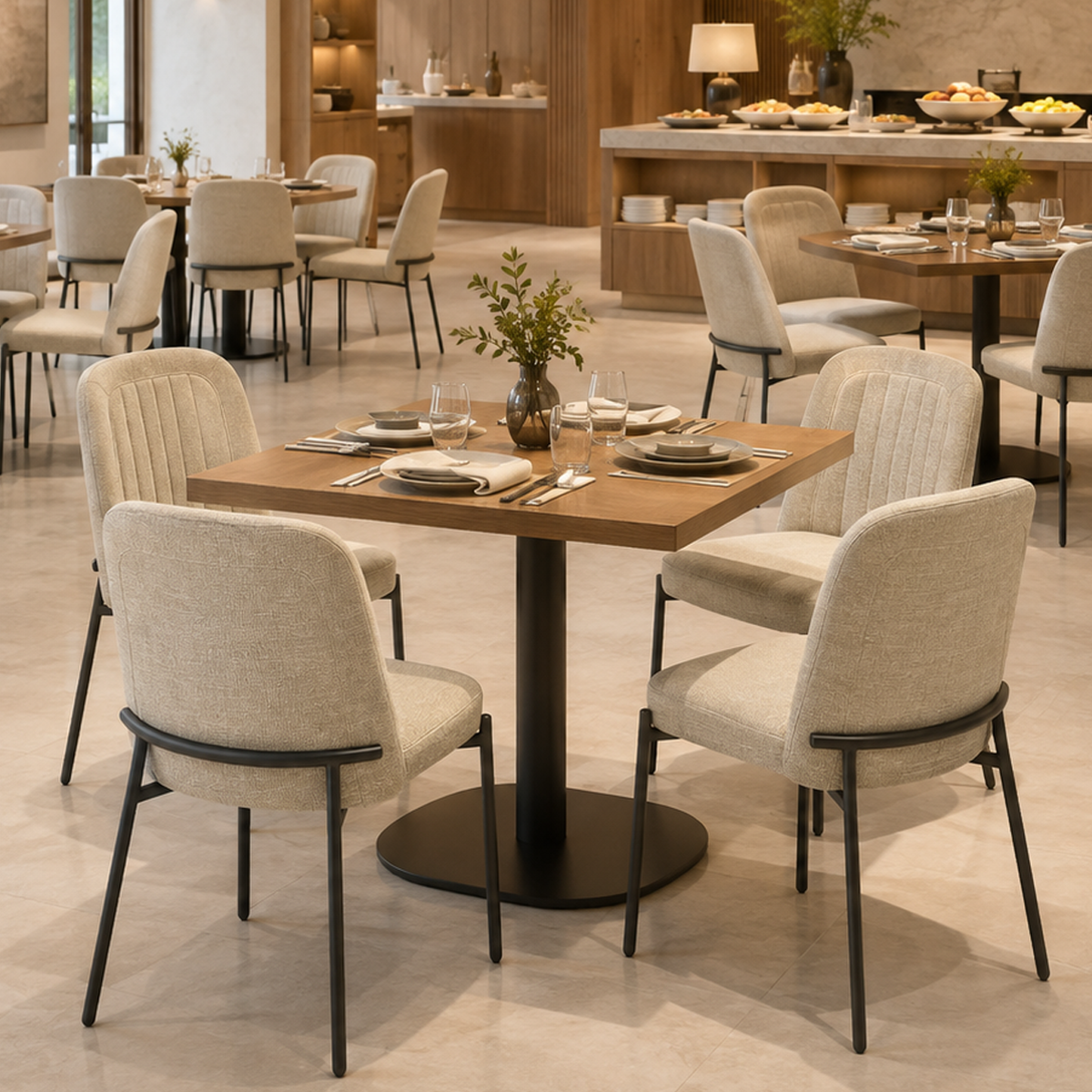 Armless channel-stitched dining chairs in warm ivory mélange fabric around square walnut tables, hotel all-day dining restaurant interior, DC-3222