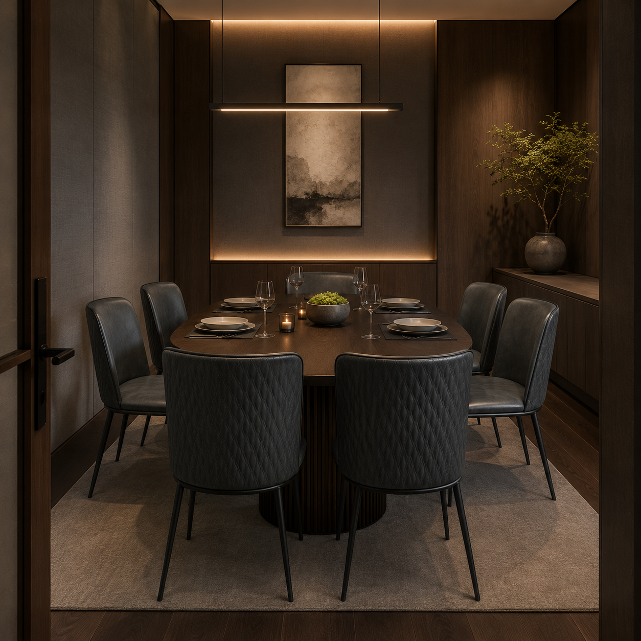Charcoal grey faux leather dining chairs arranged around oval dark wood table in private dining room with warm panel lighting — DC-3063