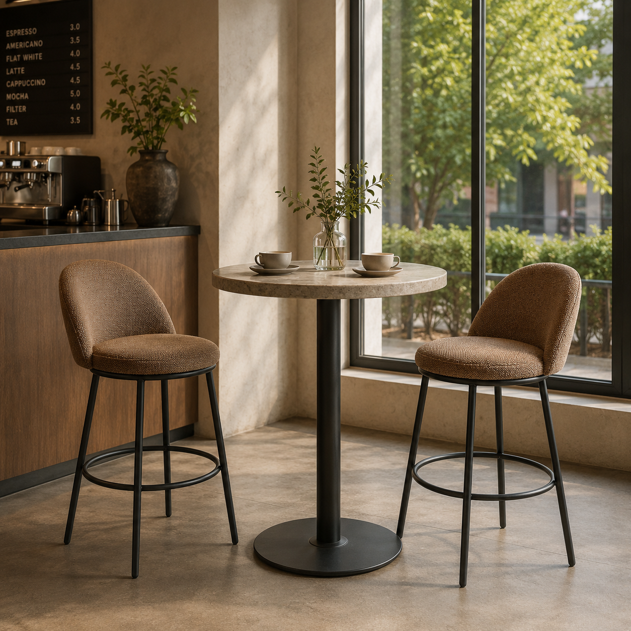 Chenille curved-shell counter stools in camel brown around round bistro table in boutique café with floor-to-ceiling windows, BC-165