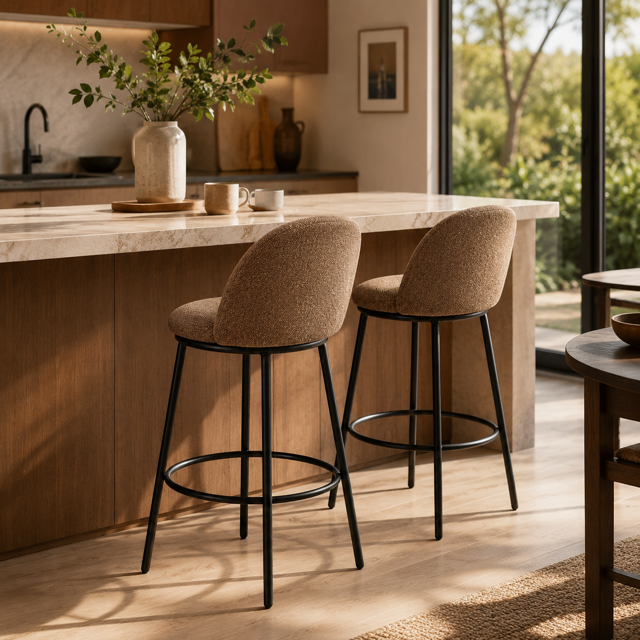 Chenille curved-shell counter stools in camel brown beside marble kitchen island in warm residential interior with garden view, BC-165 by GEYA Seating