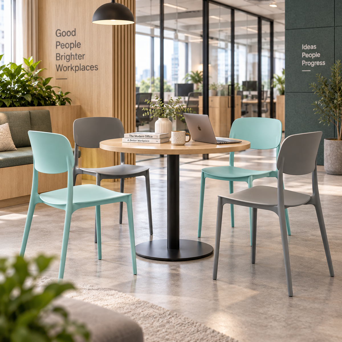 Polypropylene side chairs in collaborative configuration for co-working breakout areas PC-133