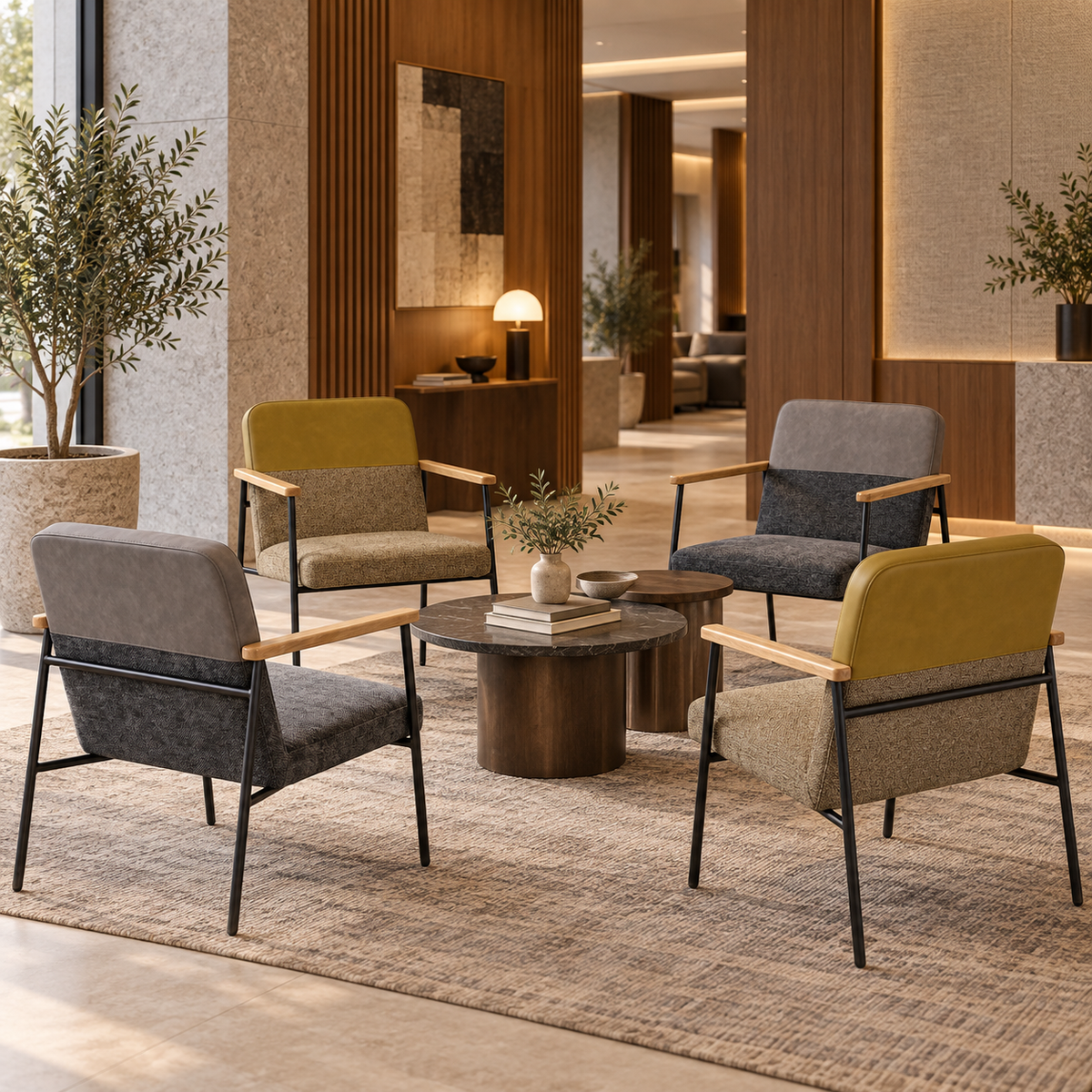 Conversational Lounge Seating Corporate Lobby Charcoal & Stone Grey and Mustard & Sand Beige RC-12