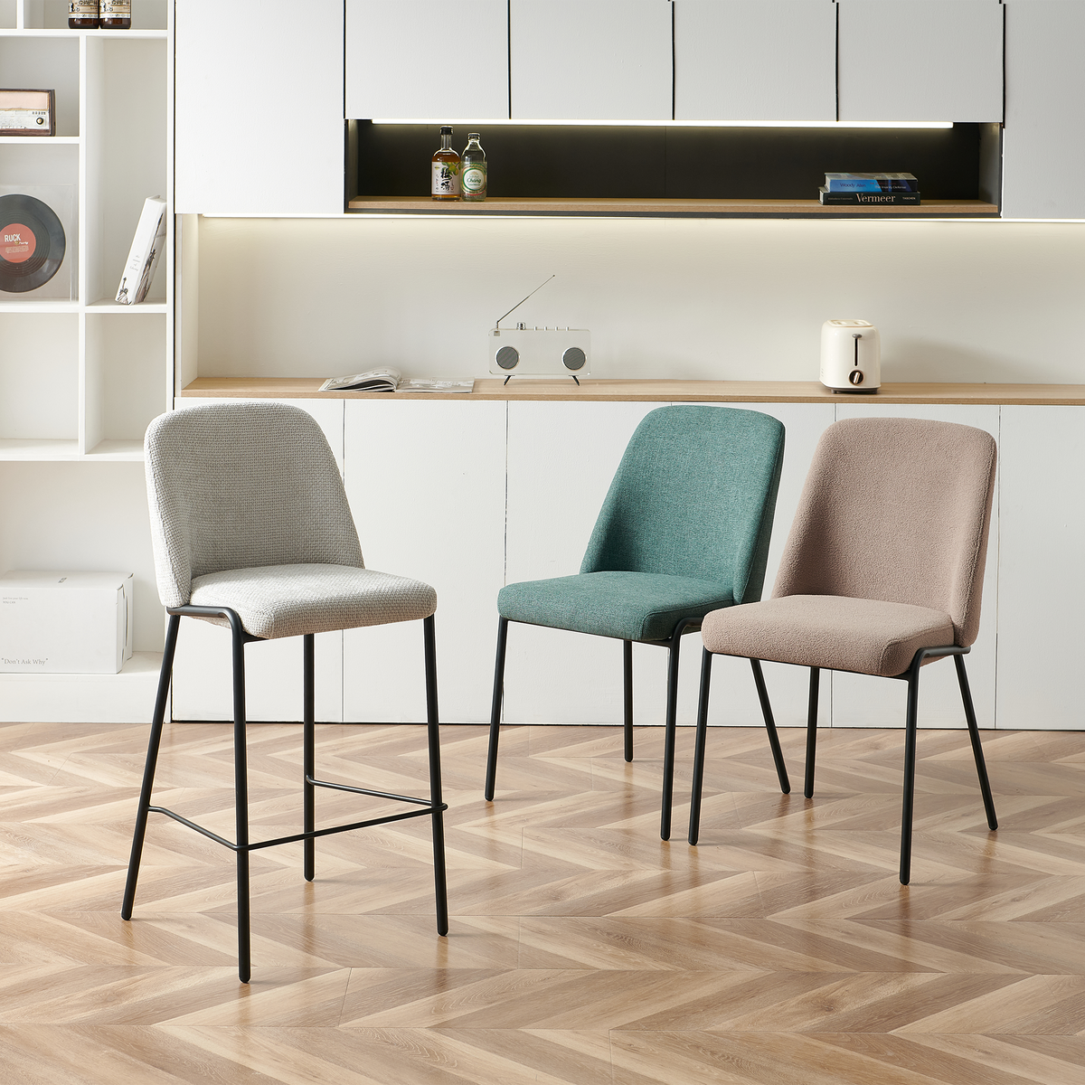 Green and camel soft-square dining chairs paired with matching counter stool for open dining spaces DC-3070