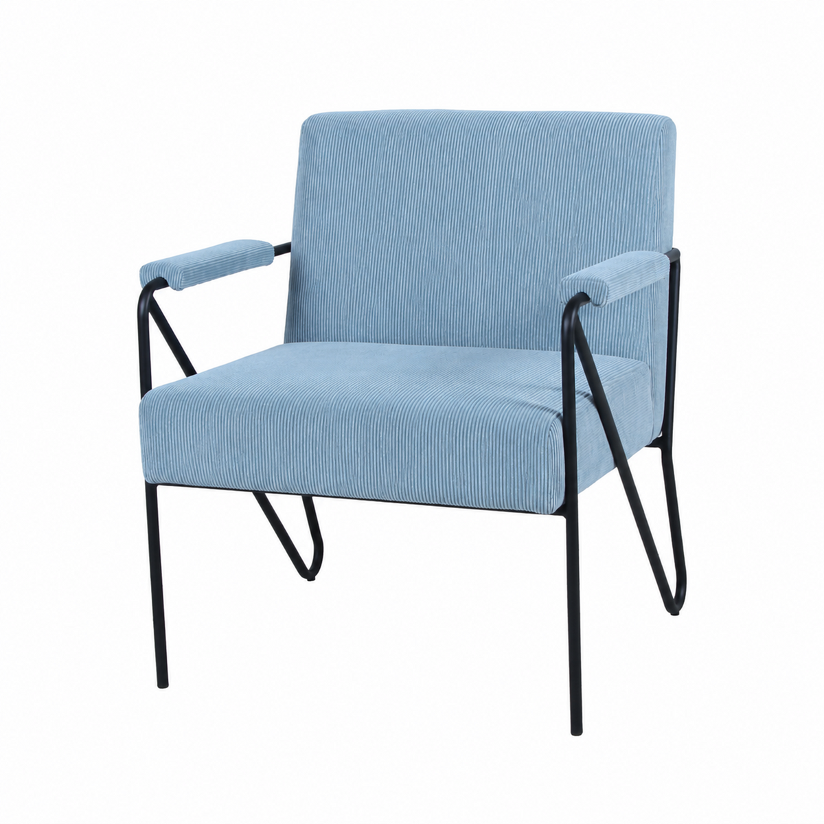 Corduroy lounge chair with bent-tube steel frame and upholstered armrests, dusty blue, for residential lounge, RC-02