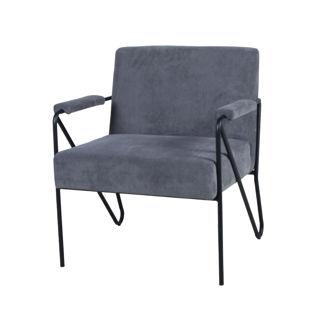 Corduroy lounge chair with padded armrests and bent-tube black steel frame, slate, for hotel reception and hospitality lounge, GEYA Seating RC-02