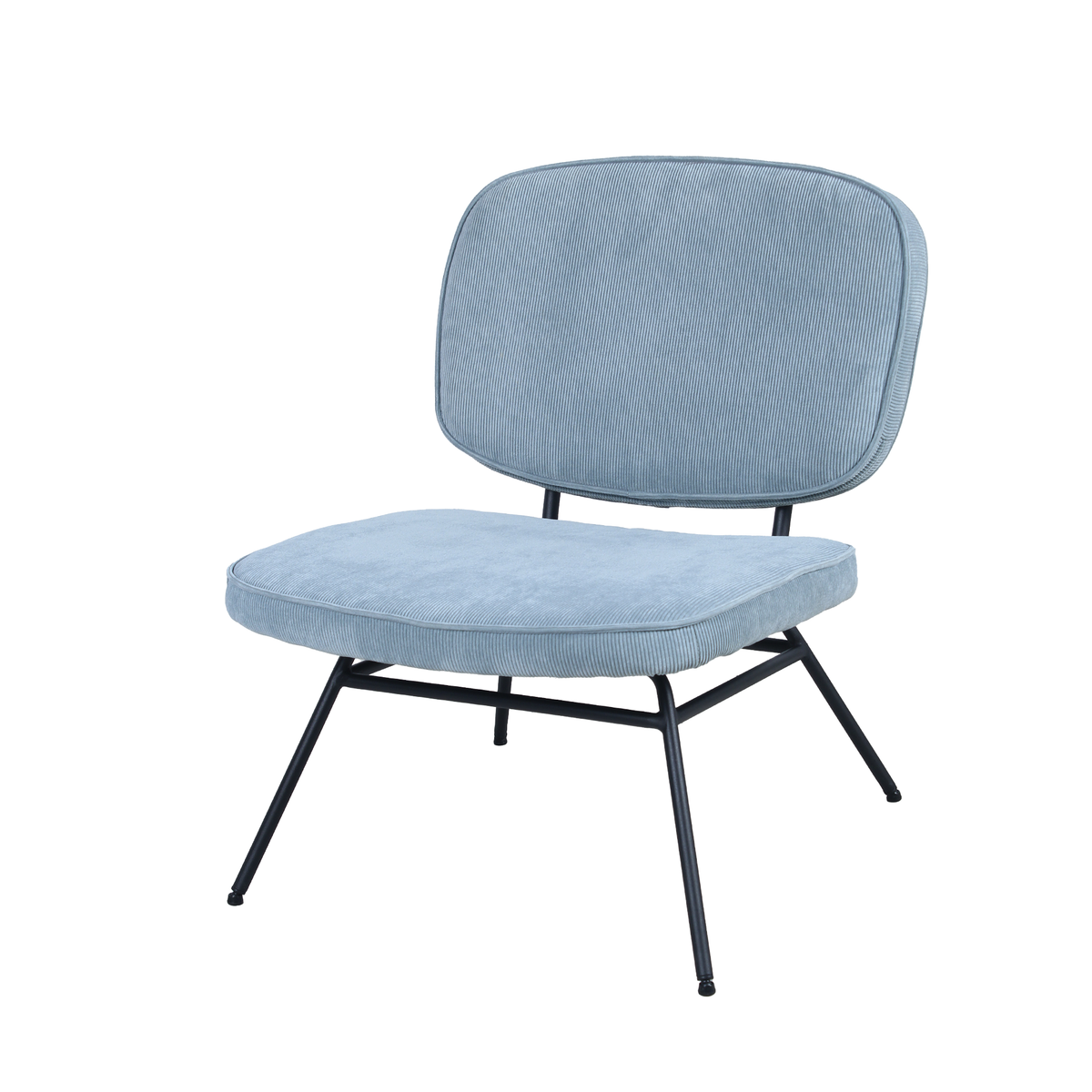 Low-profile armless lounge chair in Dusty Blue fine-wale corduroy, open steel frame base, residential lounge RC-01