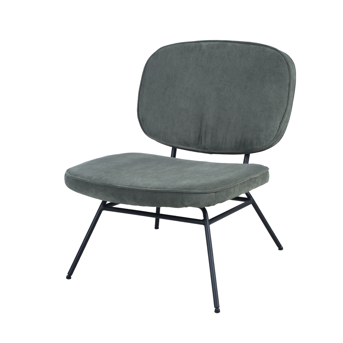 Upholstered corduroy lounge chair in Sage with outward-splayed four-leg steel frame for project specification RC-01