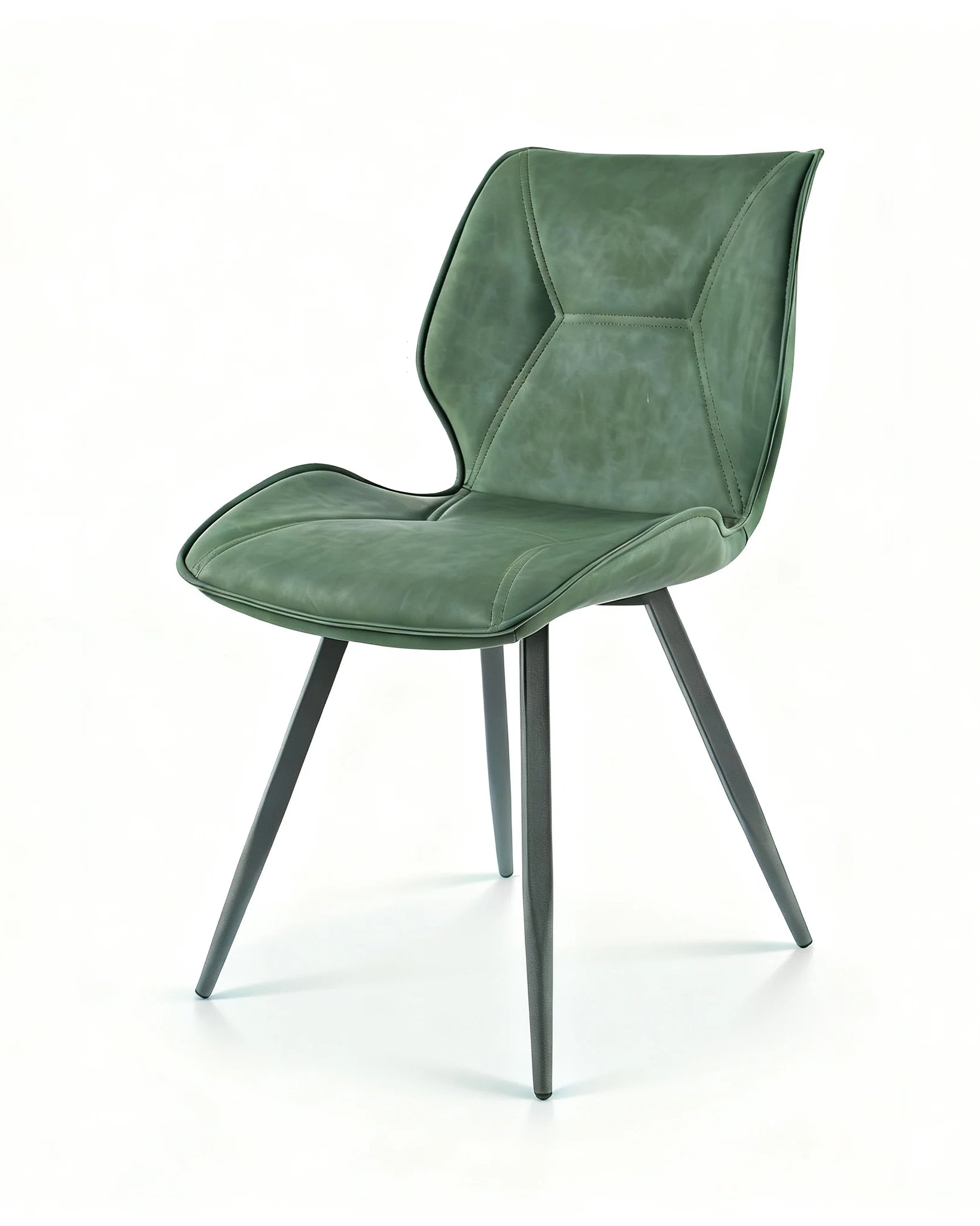 Crazy Horse PU upholstered dining chair in green with sculpted backrest and slim black metal legs