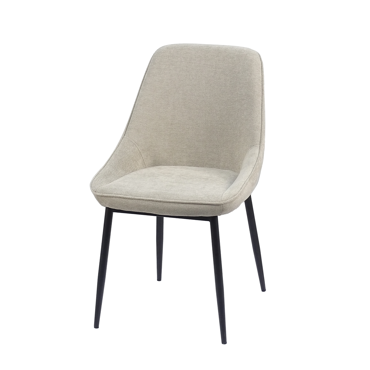 Curved-back linen look dining chair in light greige with tapered round-tube steel legs, DC-1856
