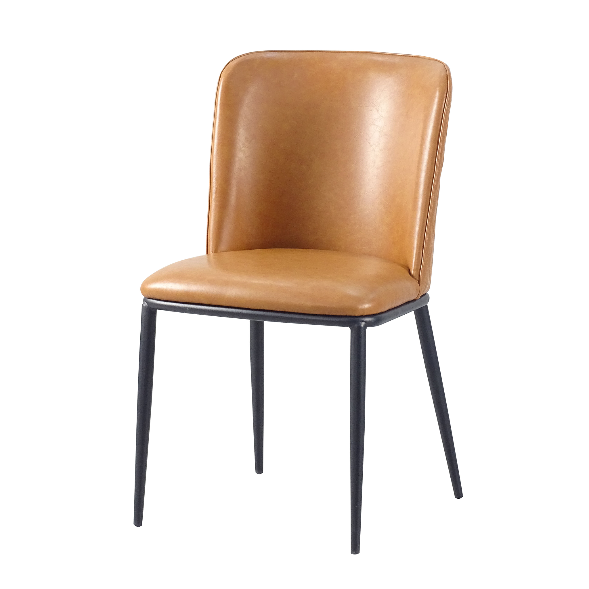 Curved-back faux leather dining chair in cognac with tapered black steel legs — DC-3063