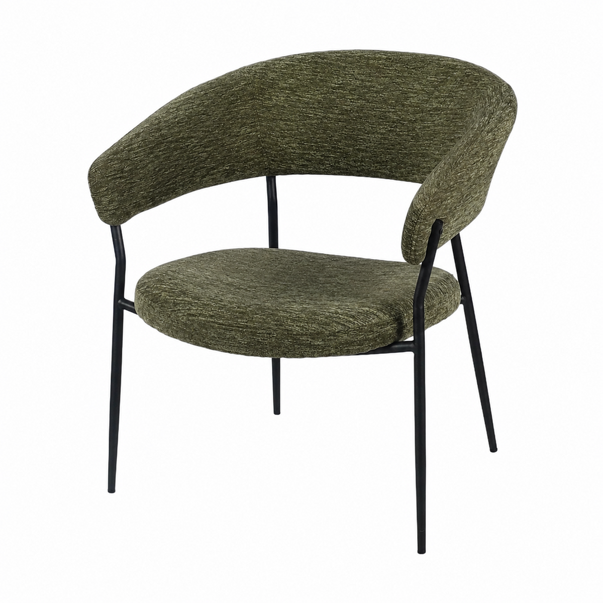 Curved-back upholstered lounge armchair in forest green mélange woven fabric with wraparound back and black steel legs RC-19
