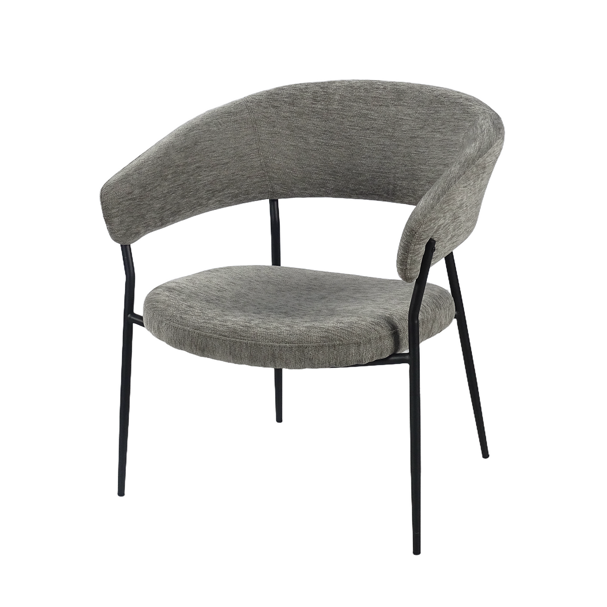 Curved-back lounge armchair in sage grey mélange woven fabric, open lower back and slender black tubular steel frame RC-19