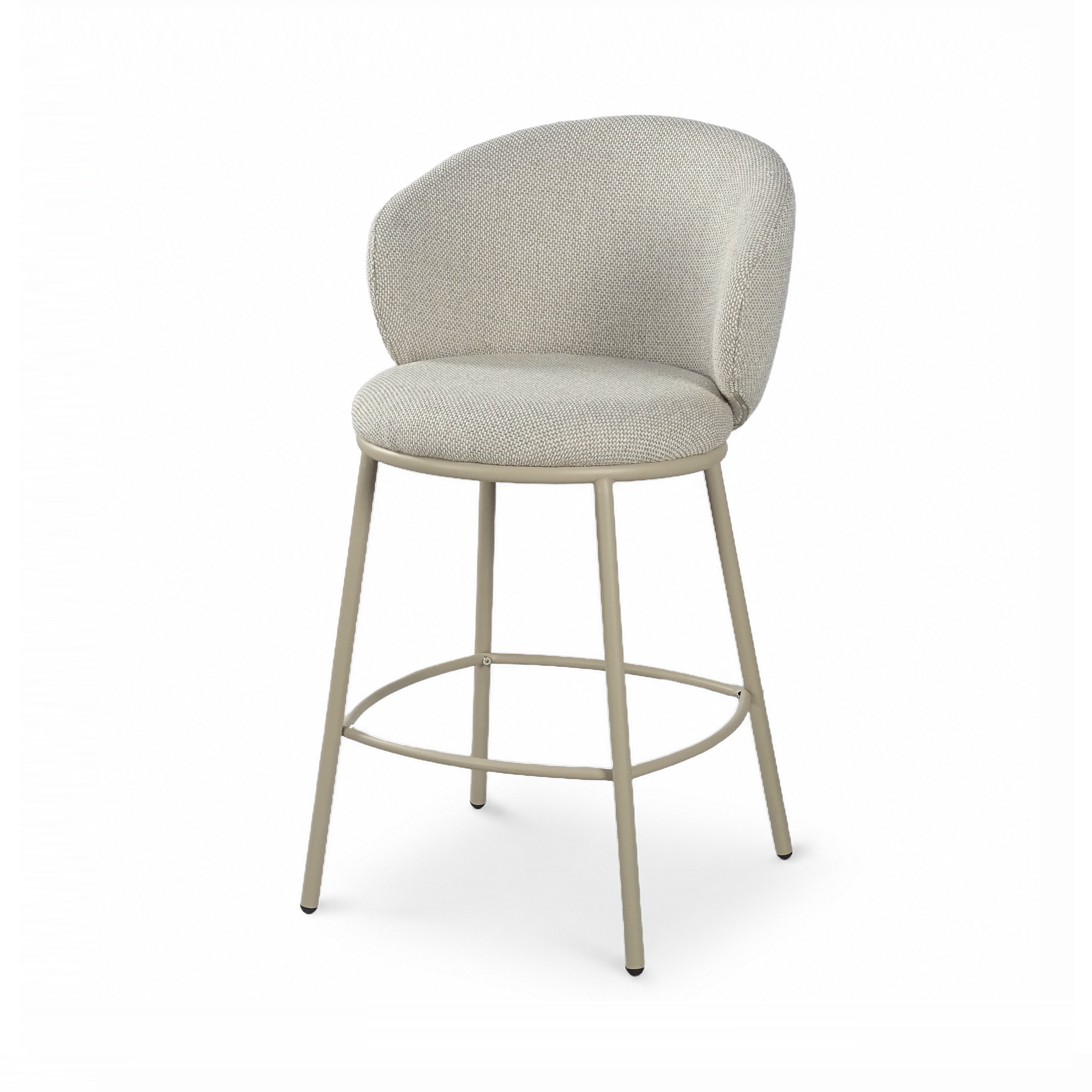 Curved shell back upholstered counter stool in sand MA-103 fabric with matching metal frame