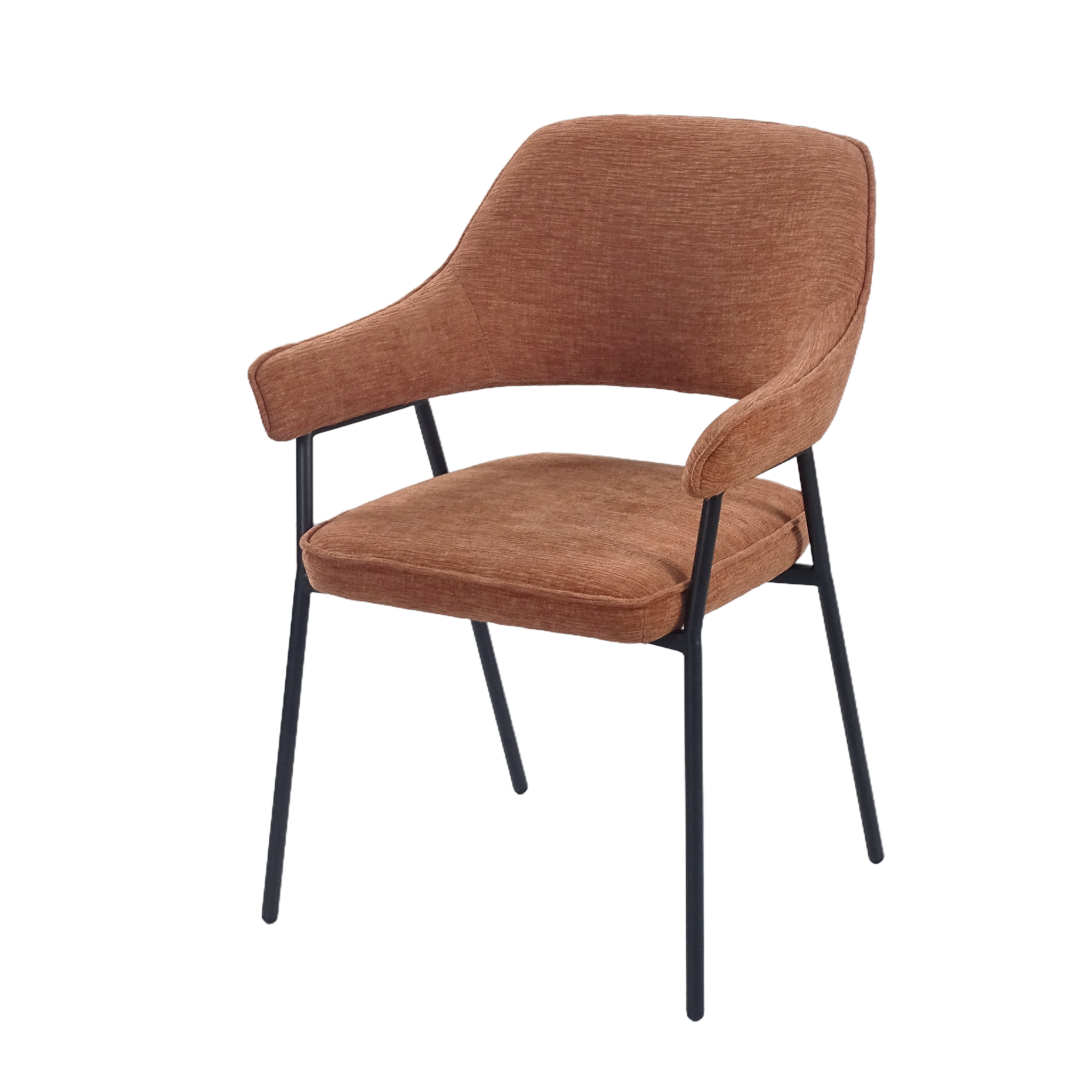 Open-back dining armchair in terracotta textured fabric showing exposed steel frame at lower back — DC-3198