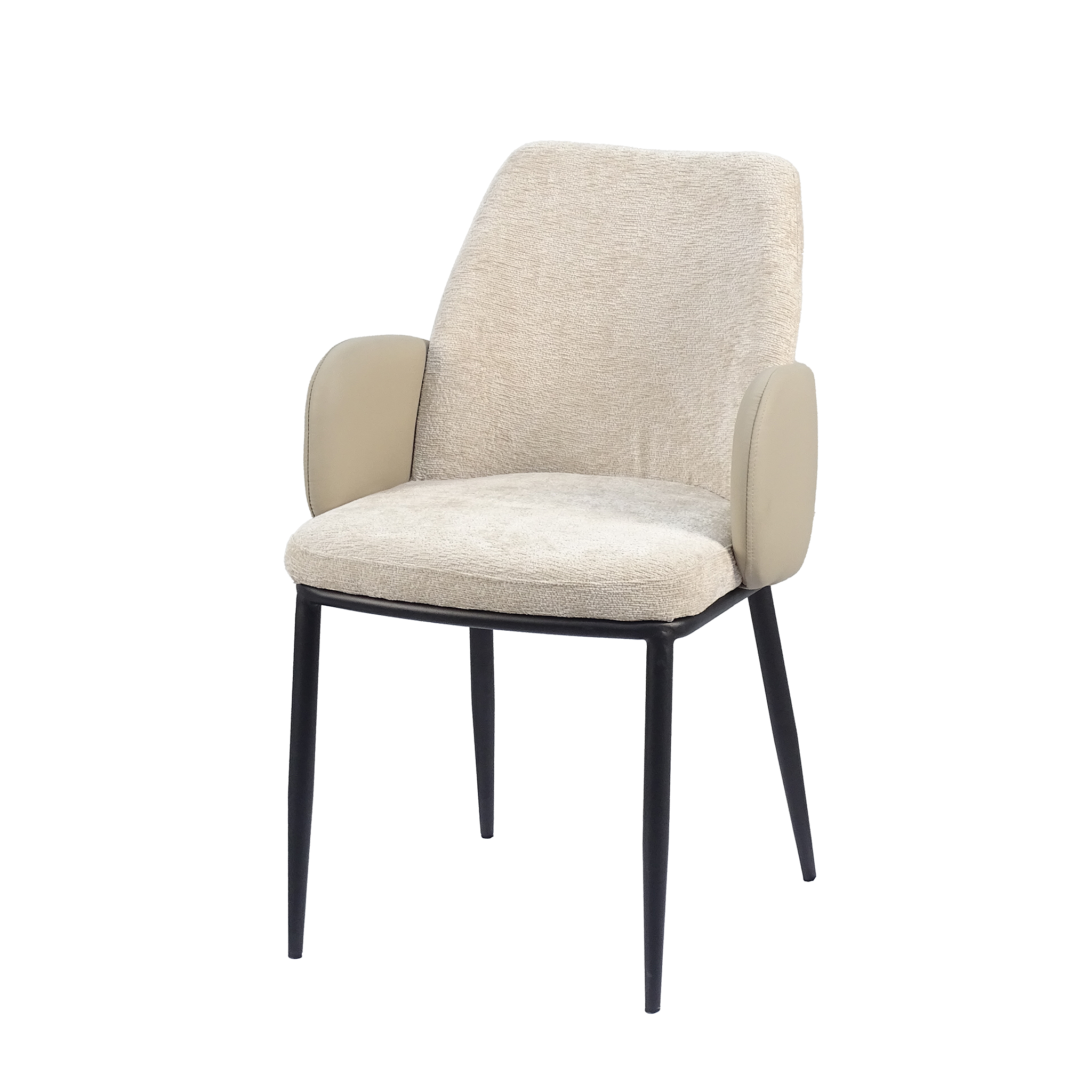 Wrap-shell dining armchair in oat textured fabric with PU armshell, boutique restaurant dining setting, GEYA Seating DC-3117