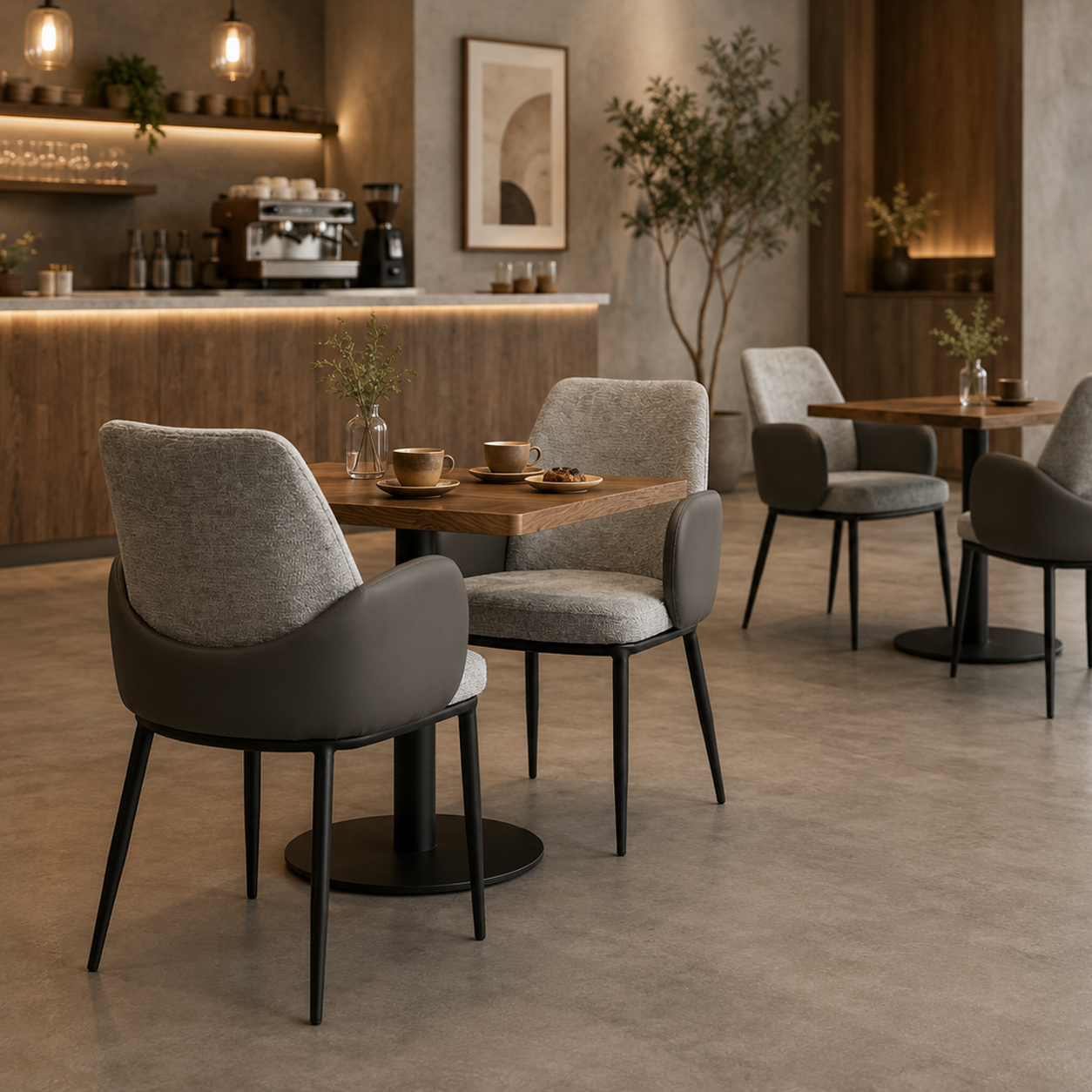 Wrap-shell dining armchairs in slate textured fabric with dark PU outer back at café square table, work café casual dining setting, DC-3117