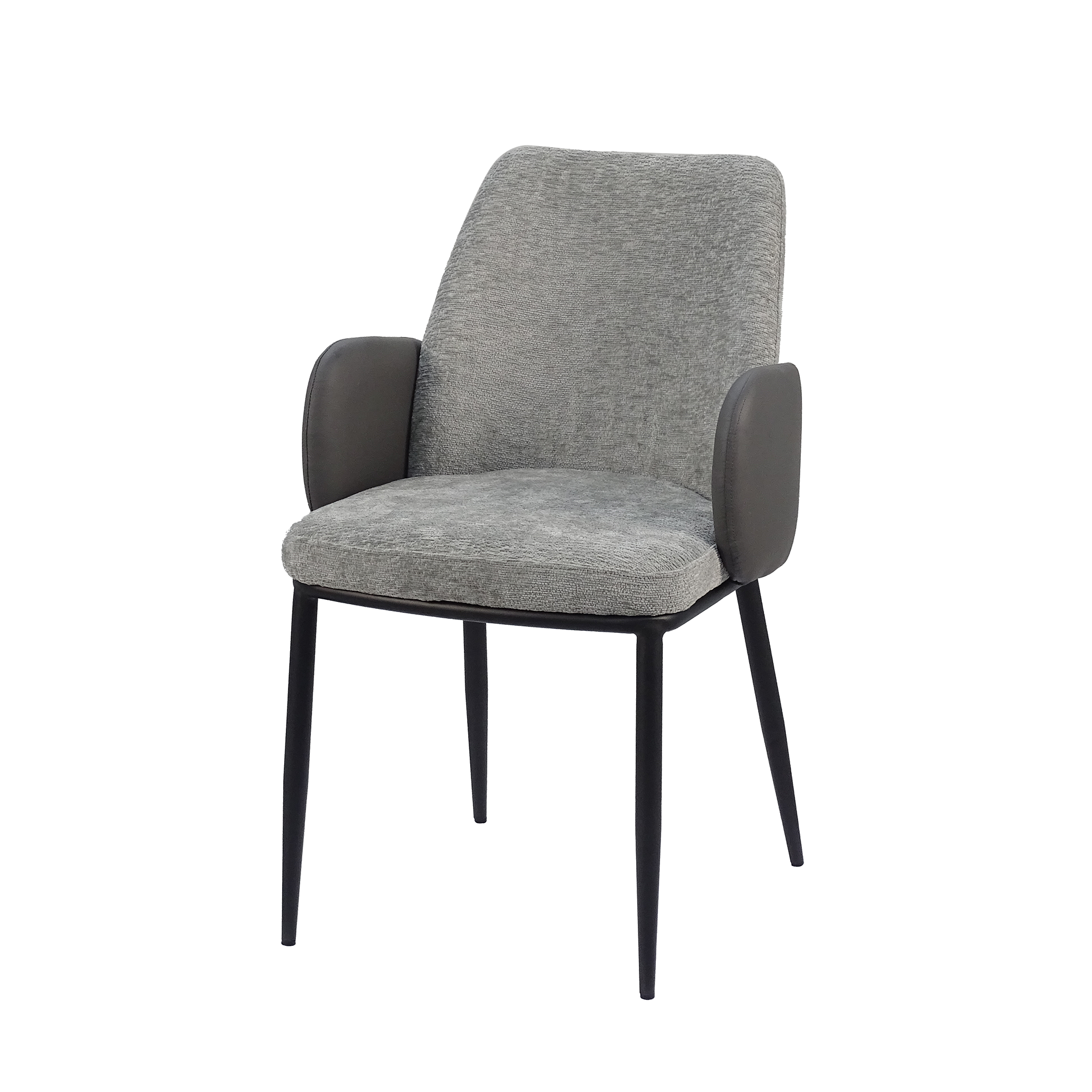Wrap-shell dining armchair in slate textured fabric with dark PU armshell, open-plan residential dining room, DC-3117