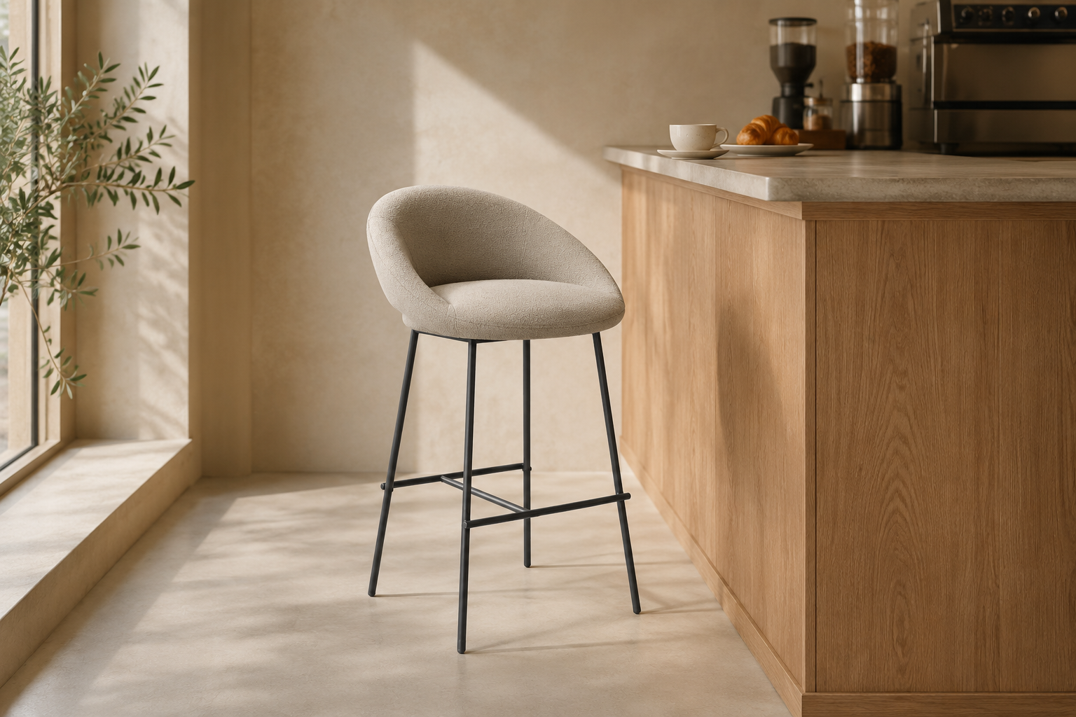 Dune beige curved-shell bar stool at a boutique café counter with structured woven upholstery and matte black H-bar footrest frame.