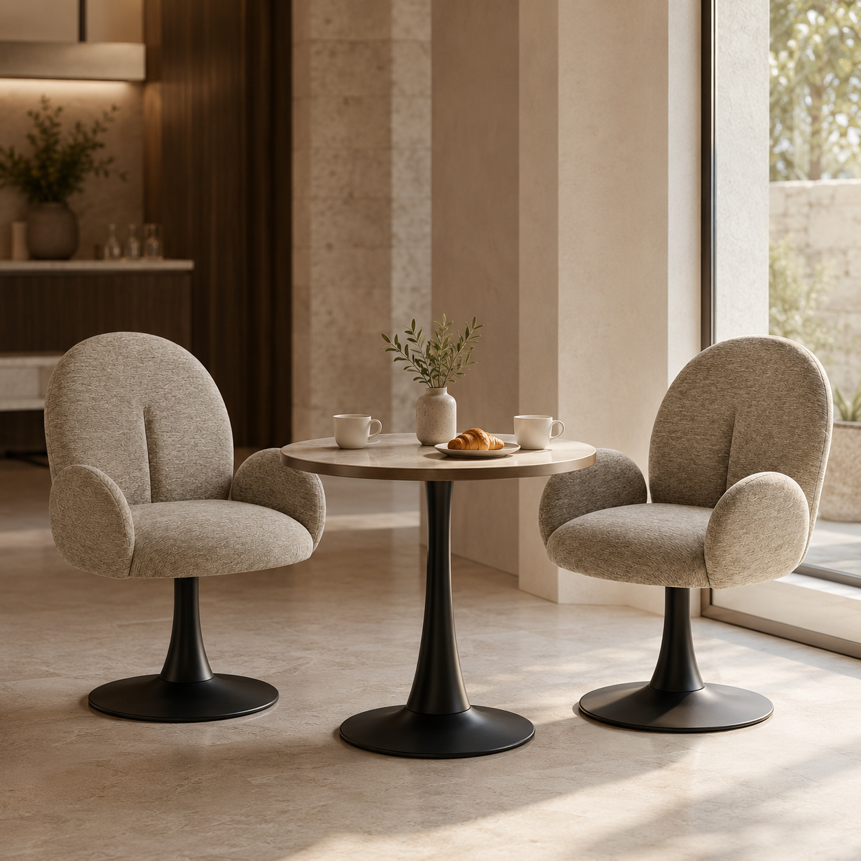 Fabric upholstered pedestal swivel lounge chairs in a boutique hotel breakfast lounge with a round black breakfast table and warm neutral interior.