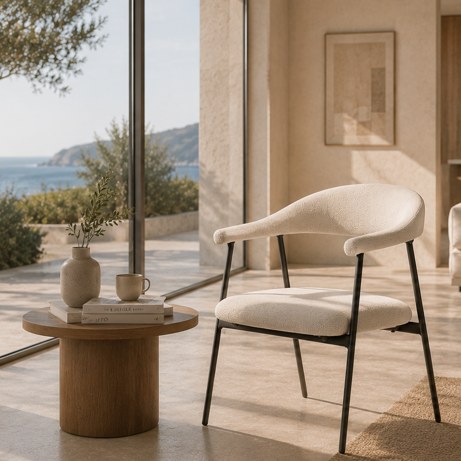 Fluid arc armchair on Mediterranean coastal terrace with stone table, cream white mélange woven fabric and black steel frame