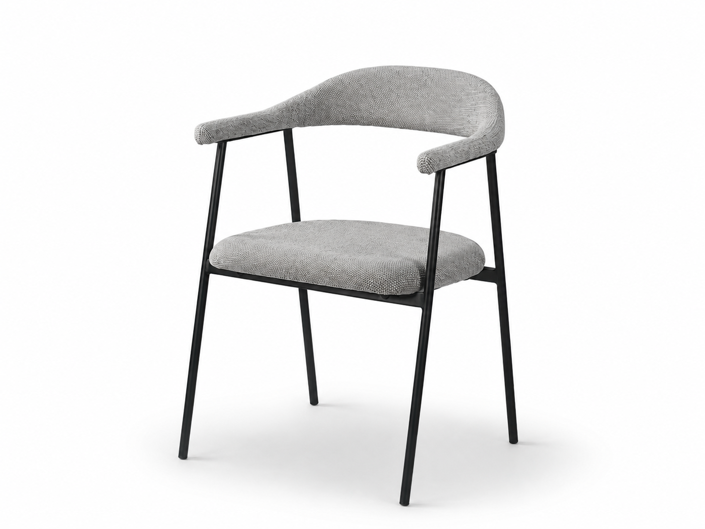 Fluid Arc Dining Chair in soft greige grey woven upholstery with continuous arc armrest design, slim black steel frame, and modern contract dining chair structure, model DC-3252.